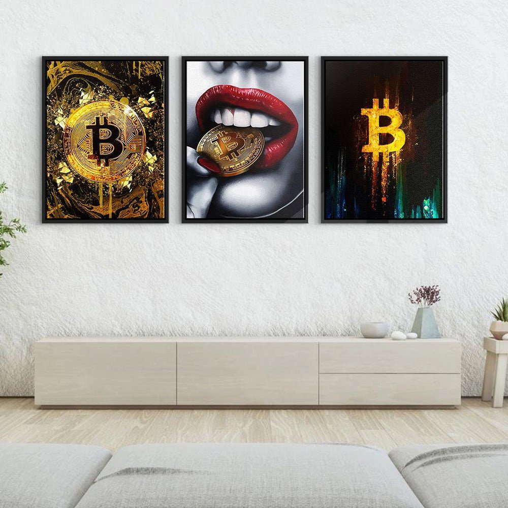 3x schwarzer Leinwandbild - MIX Rahmen DOTCOMCANVAS® BITCOIN Leinwand