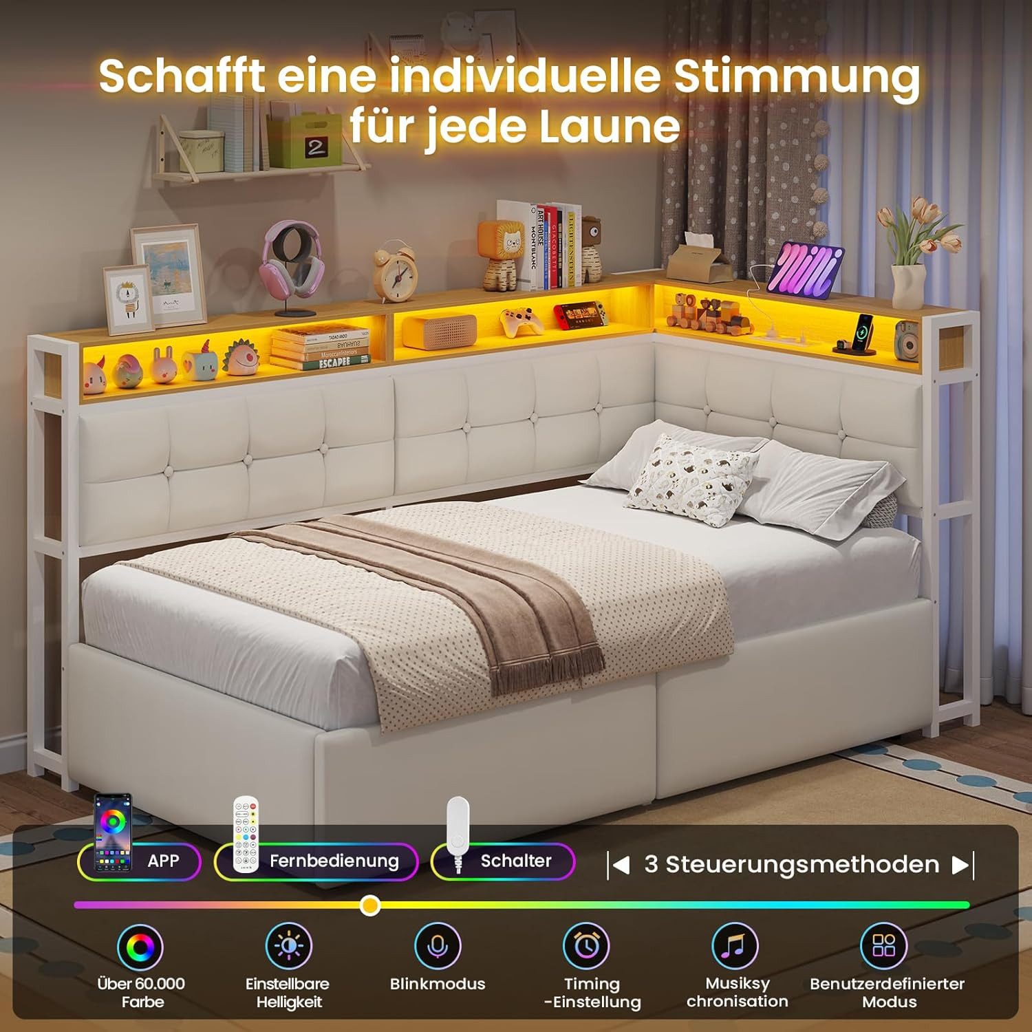 MSMASK Polsterbett Daybett, Jugendbett mit LED-Beleuchtung, Ladefunktion, Zweistöckiges Ablagefach
