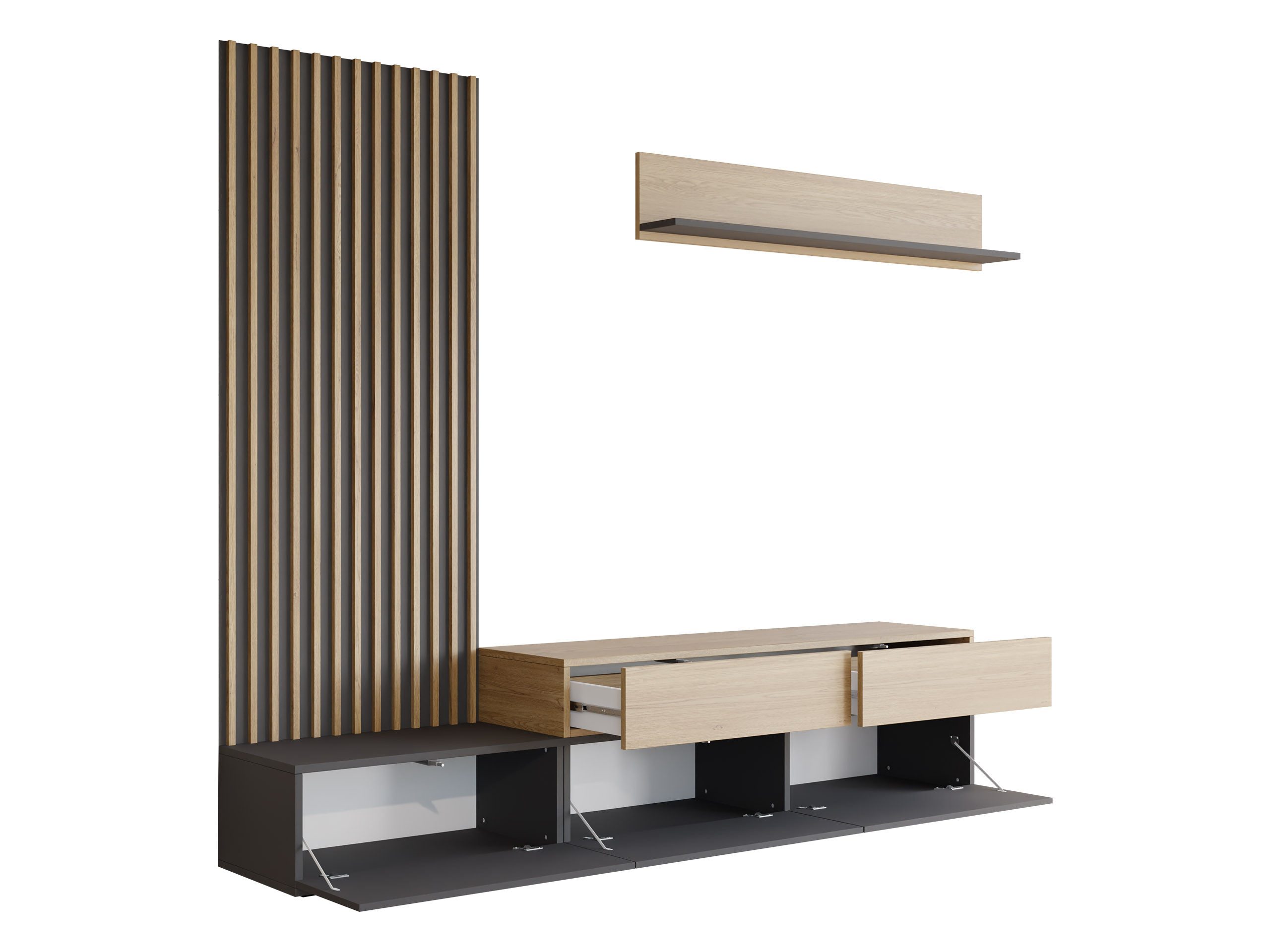 MIRJAN24 Wohnwand Narezi I, (TV-Lowboard, Wandboard, Wandpaneel), Schubladen und Klappen - Push to Open, 225x40x209 cm