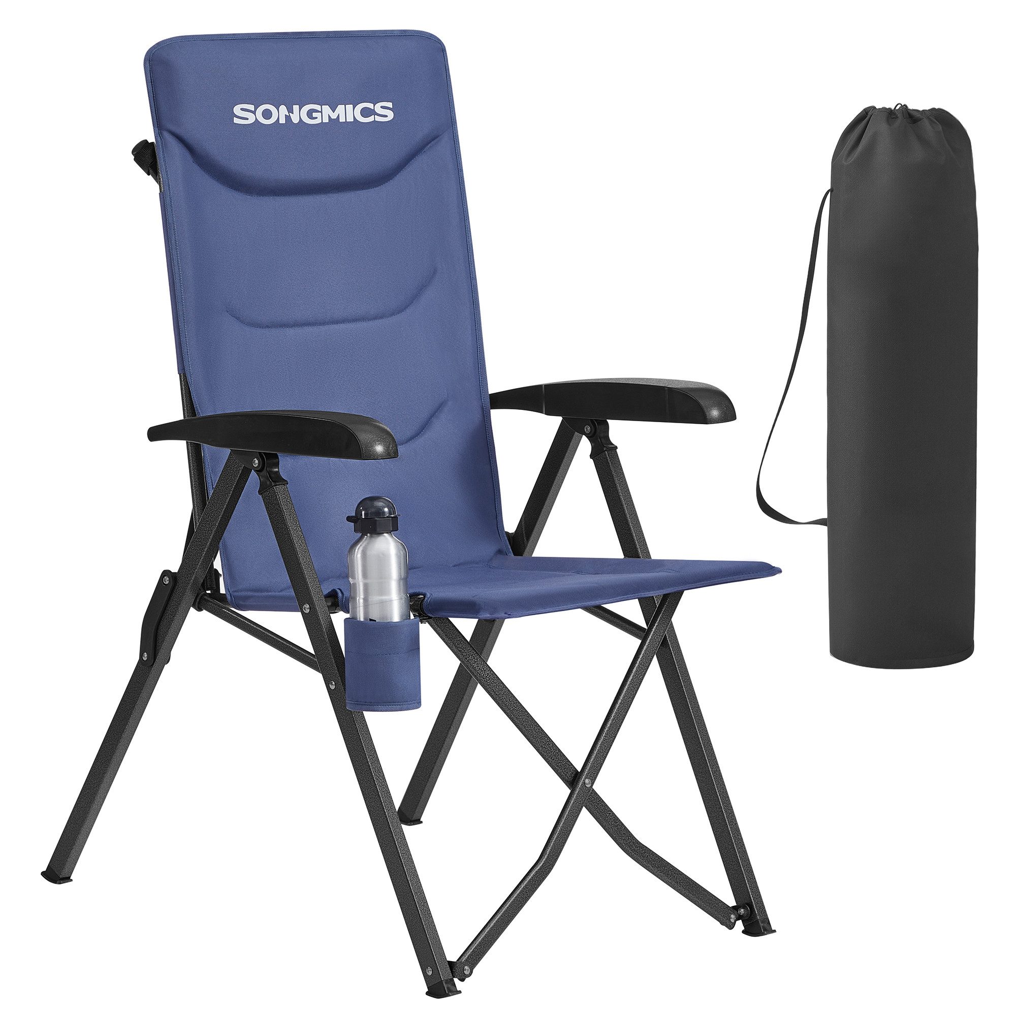 SONGMICS Campingstuhl 90°-150° verstellbare Rückenlehne (Packung), belastbar bis 150Kg, mit Getränkehalter/Tragetasche, 1er/2er Set