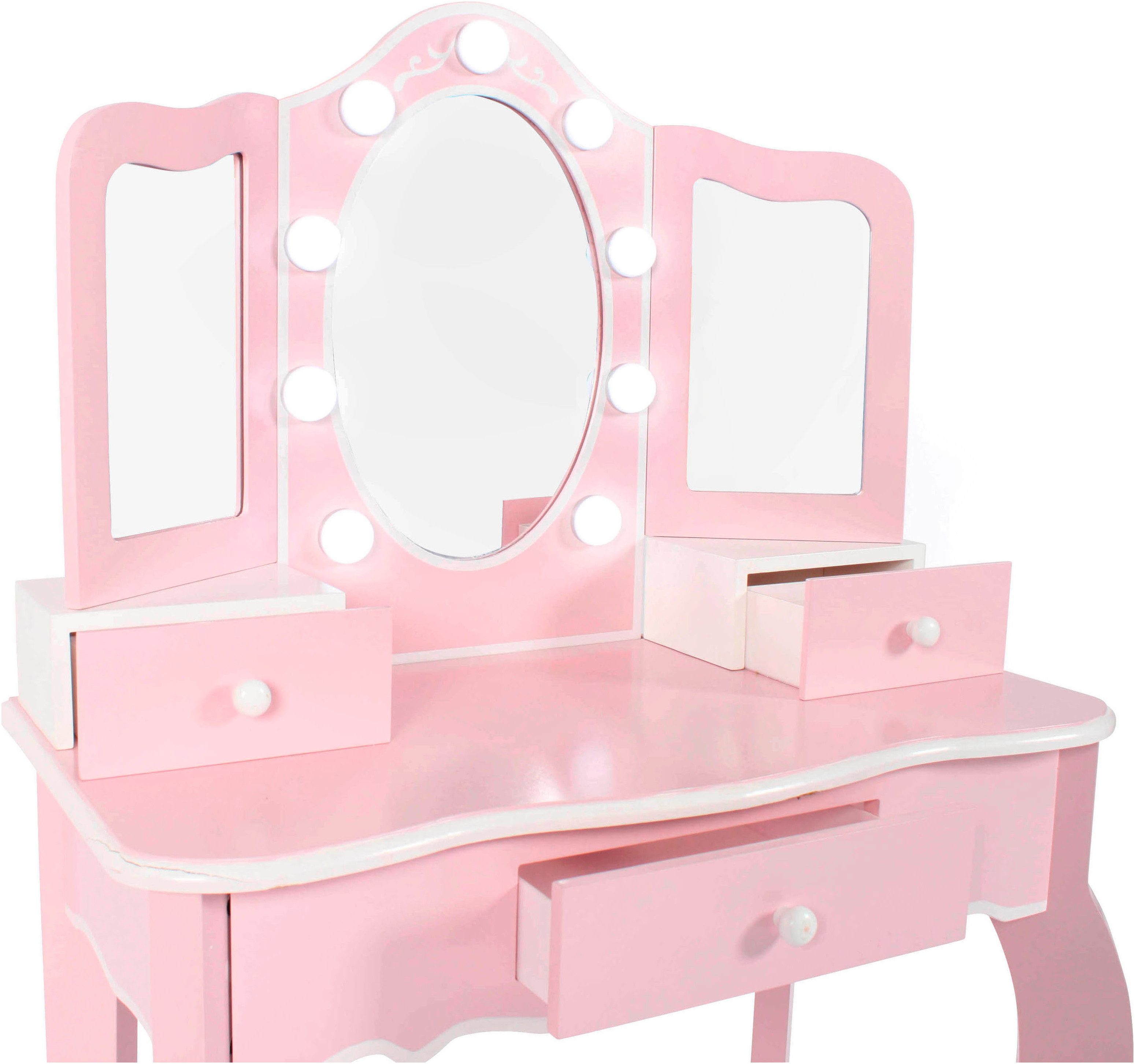 CHIC2000 Schminktisch pastellrosa, mit großen LED-Lichter rund um den Spiegel und Hocker