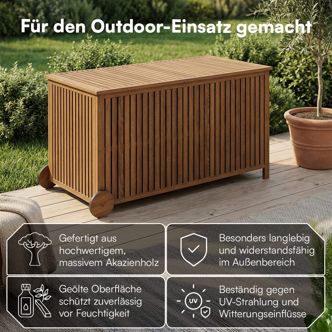 STEELSØN Auflagenbox Alkes Gartenbox aus Akazienholz mit klappbarem Deckel (geölt, mit Rädern & Griff), wetterfeste Kissenbox, hochwertige Innentasche, Sitztruhe für Garten