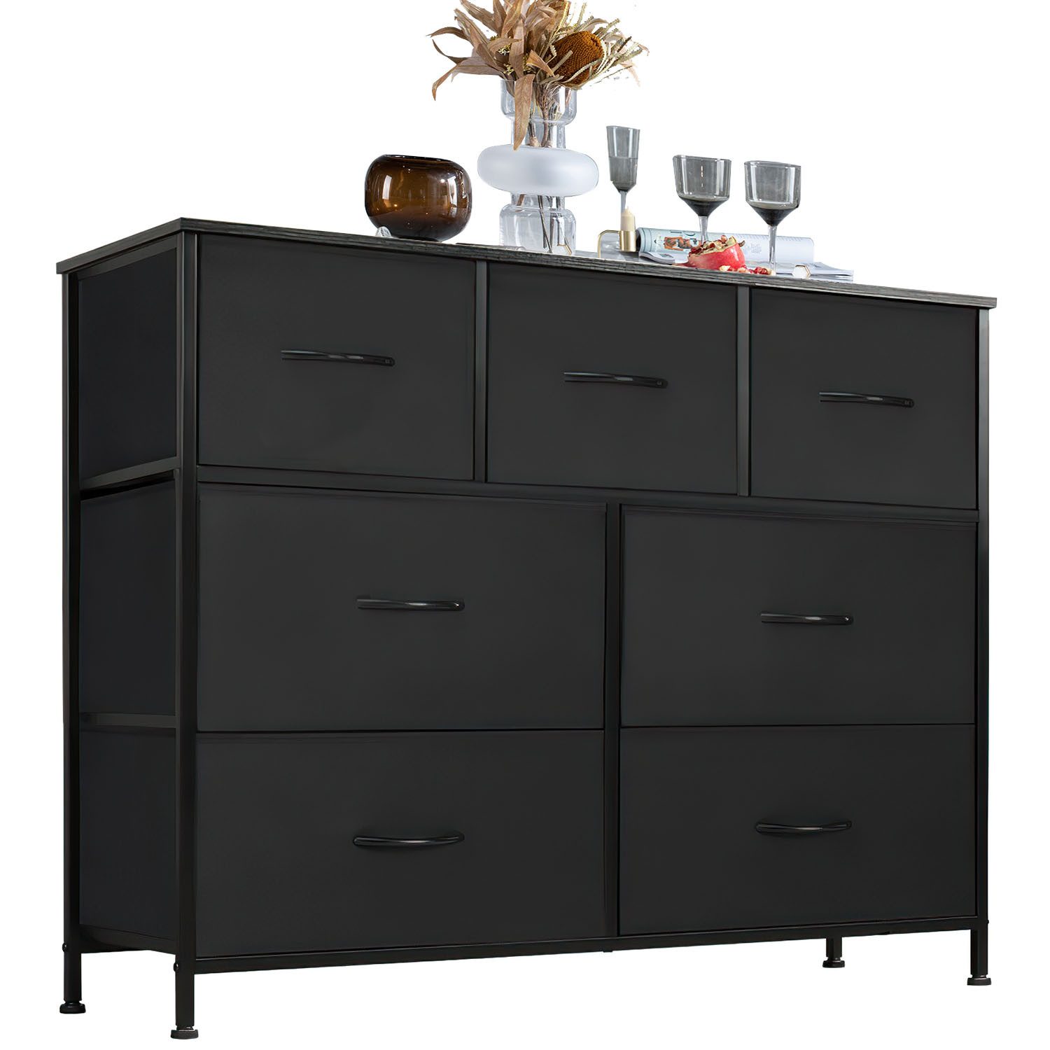Refined Living Kommode Schubkastenkommode mit 2/4/5 /7/8/9 Schubladen stabilem Stahlrahmen (Kommode mit 7 Schubladen aus Stoff Schubladenschrank, Aufbewahrungsschrank Hoch Holztop Komodenschrank Sideboard Möbel), für Schlafzimmer Wohnzimmer Flur Kinderzimmer 100 x 30 x 77CM (LxBxT)