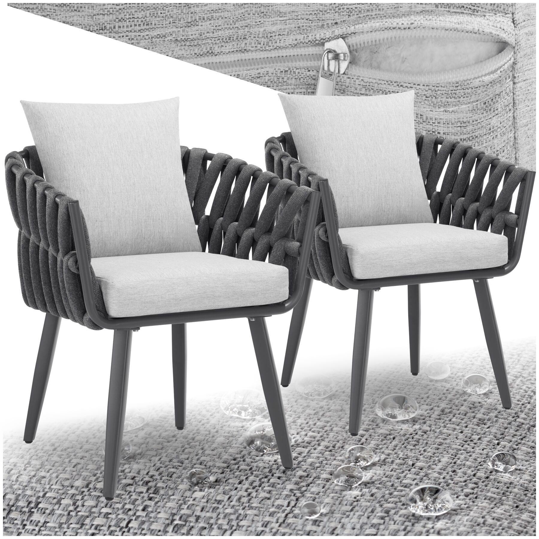 tectake Gartenstuhl Aluminium Outdoorstuhl Set im Rope-Design, wetterfest (Aluminium Stühle 2er Set, 2 St), Belastbarkeit je 120 kg, höhenverstellbare Kunststofffüße, Inkl.