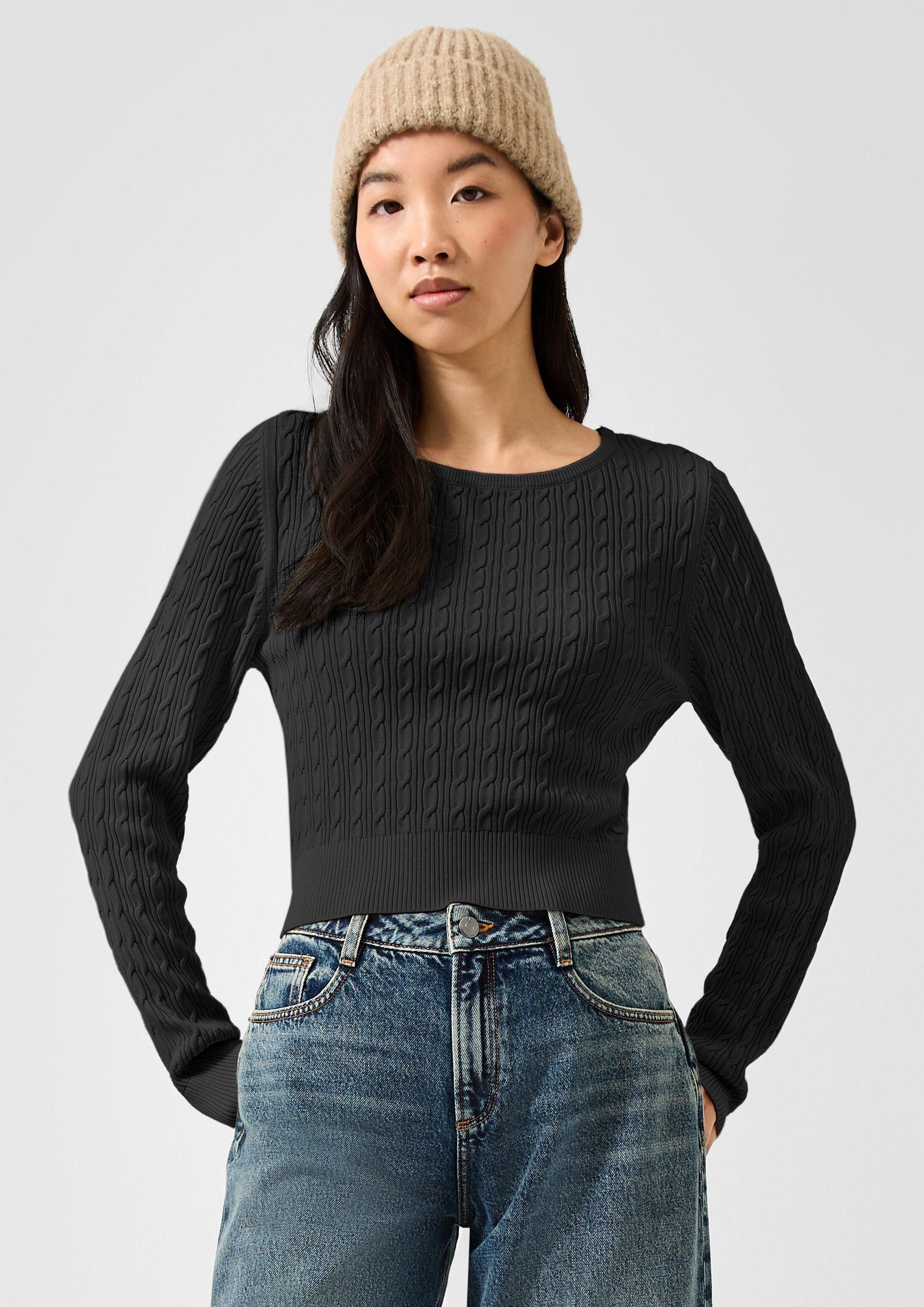 QS Longpullover Strickpullover Verkürzter Pullover mit Zopfmuster