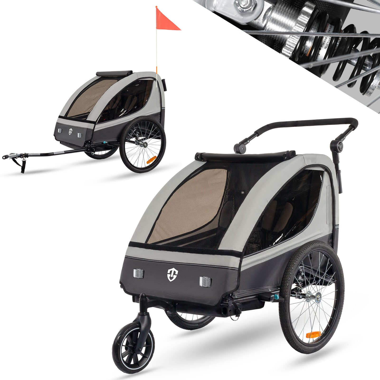 TIGGO Fahrradkinderanhänger Fahrradanhänger Kinderfahrradanhänger mit Buggy Set + Federung, geeignet für 1-2 Kinder