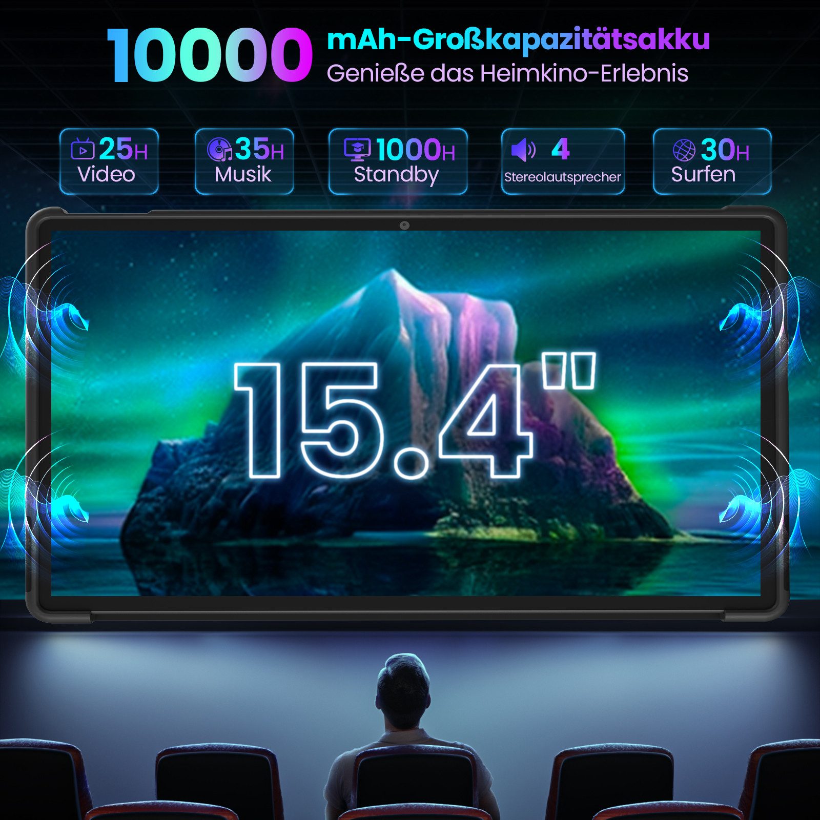 MENGHU 15,4 Zoll Multimedia-Tablet 10000mAh Akku 8GB RAM & 256GB Speicher Tablet (15,4", 256 GB, Android 15)