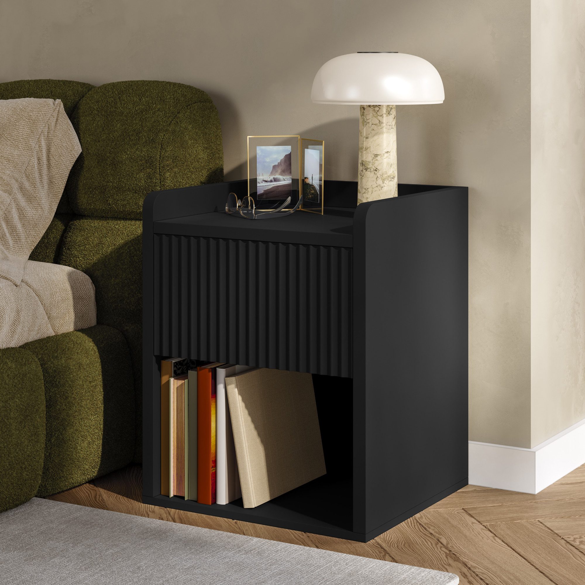 en.casa Nachttisch (1-St), »Nand« 1 Schublade 1 offenes Fach 55 x 45 x 39 cm Schwarz