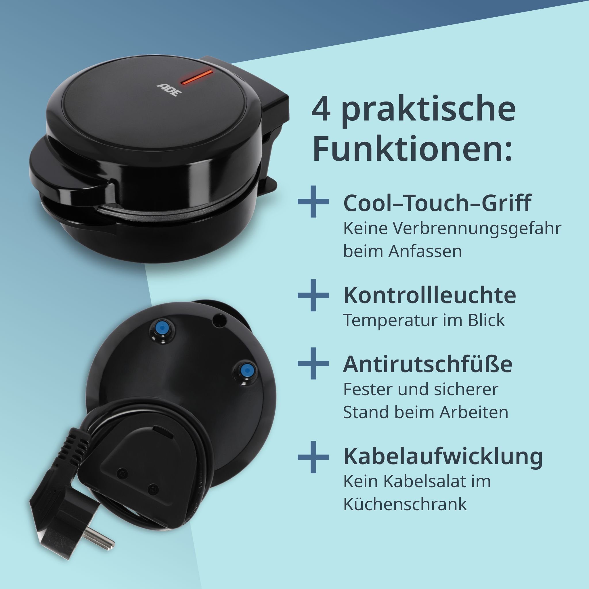 ADE Waffeleisen Mini Herzform oder runde Form für klassische belgische Waffeln, kleiner Waffelmaker mit Antihaftbeschichtung, Geburtstag, Valentinstag