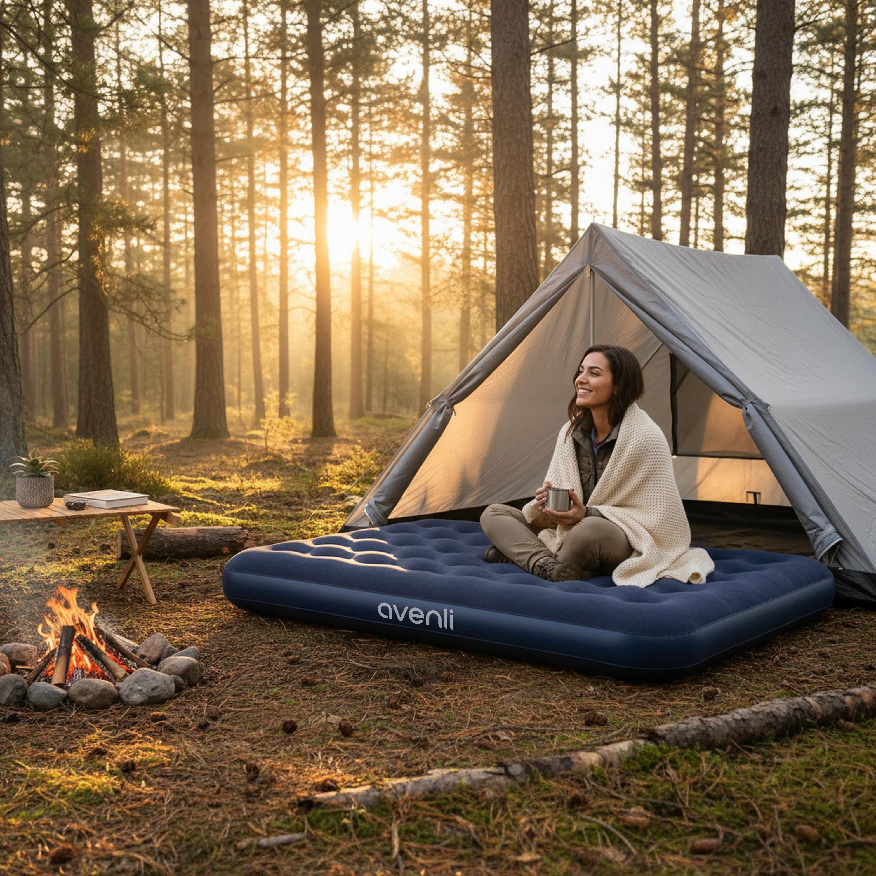 Avenli Luftbett Luftmatratze Camping für 1-2 Personen blau 191x137x22cm Double-Size, (Gästebett aufblasbar Ideal als Reisebett oder Isomatte, 1-tlg., Campingmatratze ohne Pumpe), für Indoor und Outdoor mit beflockter Oberfläche