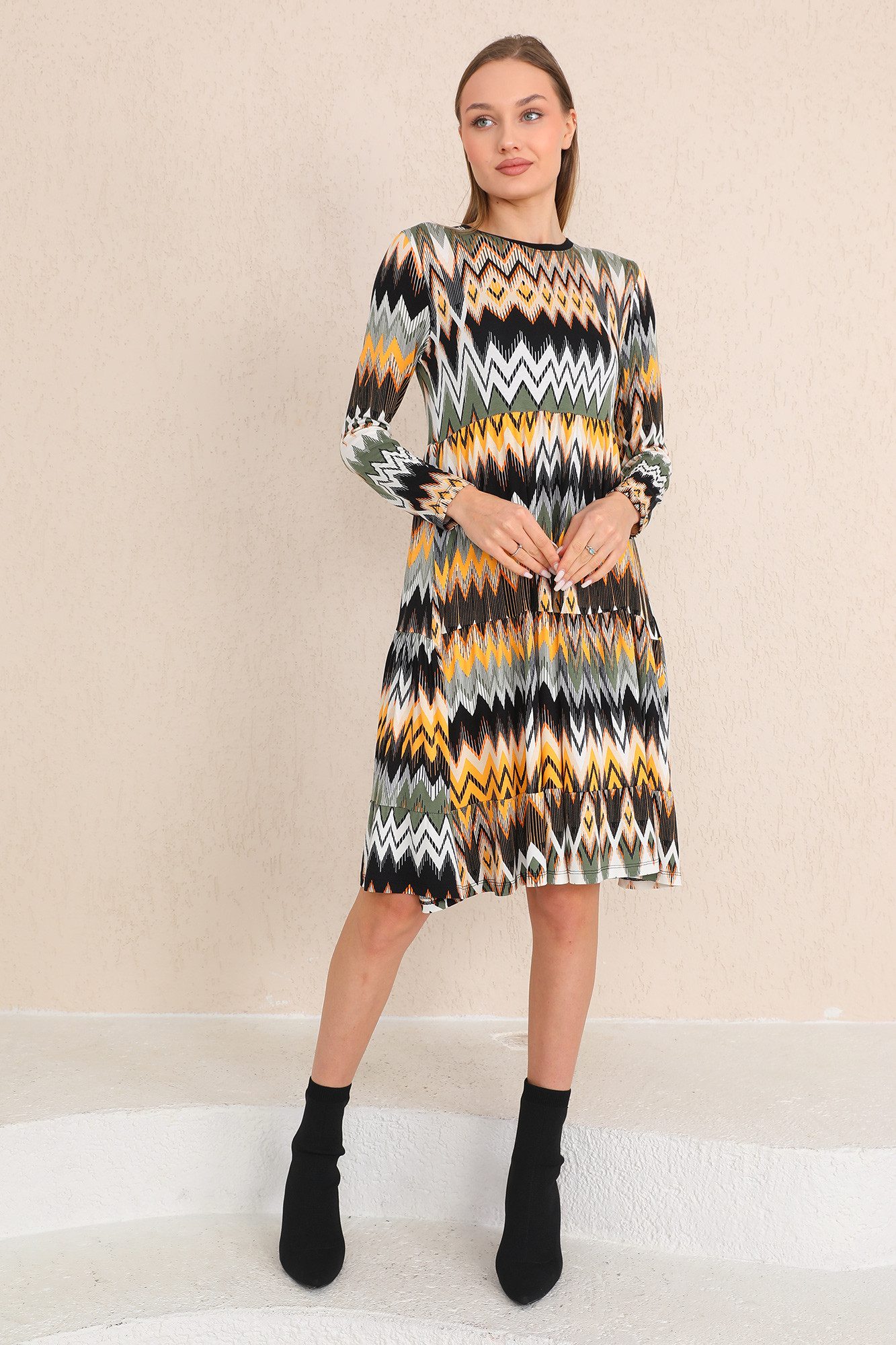 Bongual A-Linien-Kleid Midikleid Stufenkleid Ethno Print aus Viscose günstig online kaufen