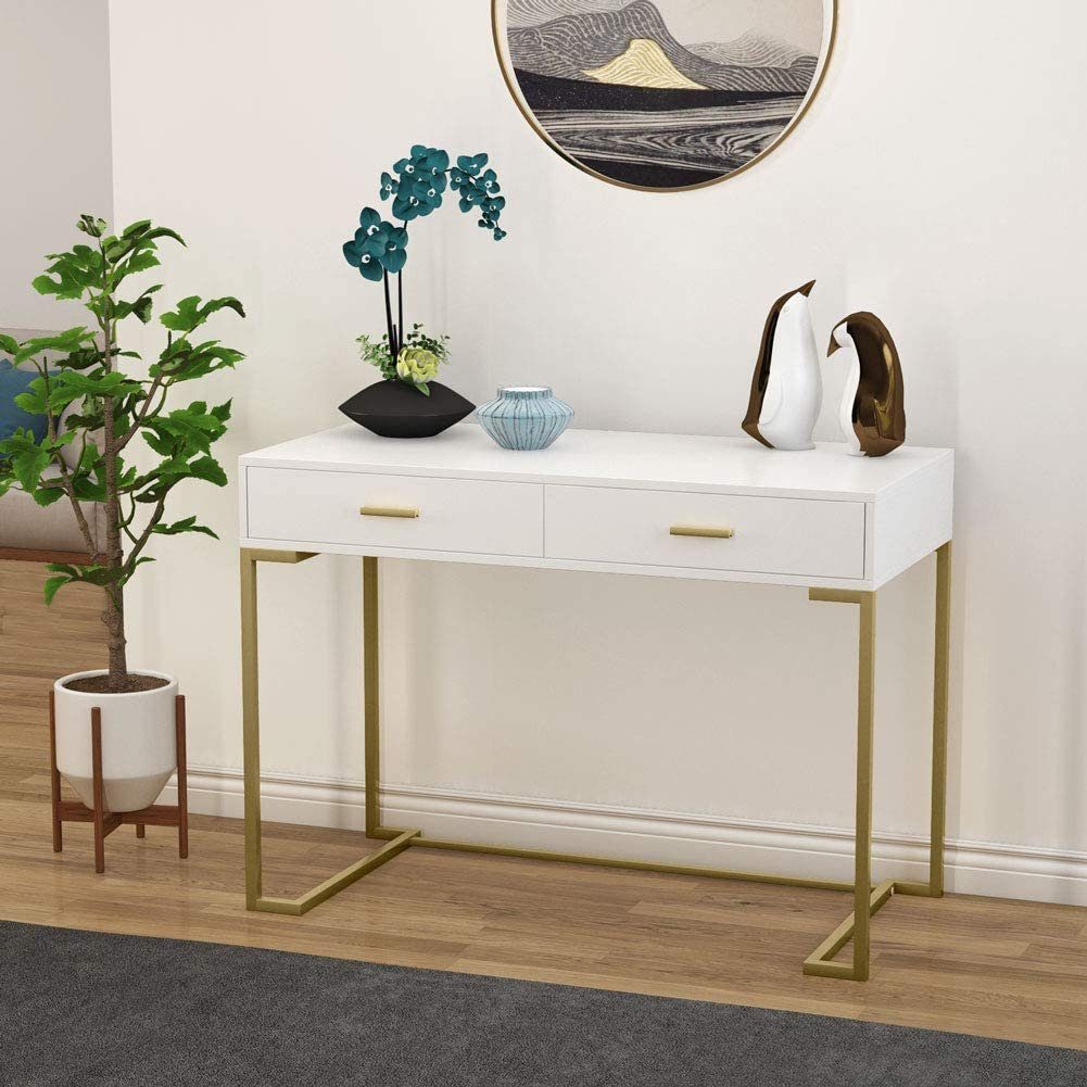 Tribesigns Schreibtisch Computertisch mit Schubladen, Schreibtisch in Weiß und Gold | Schreibtische