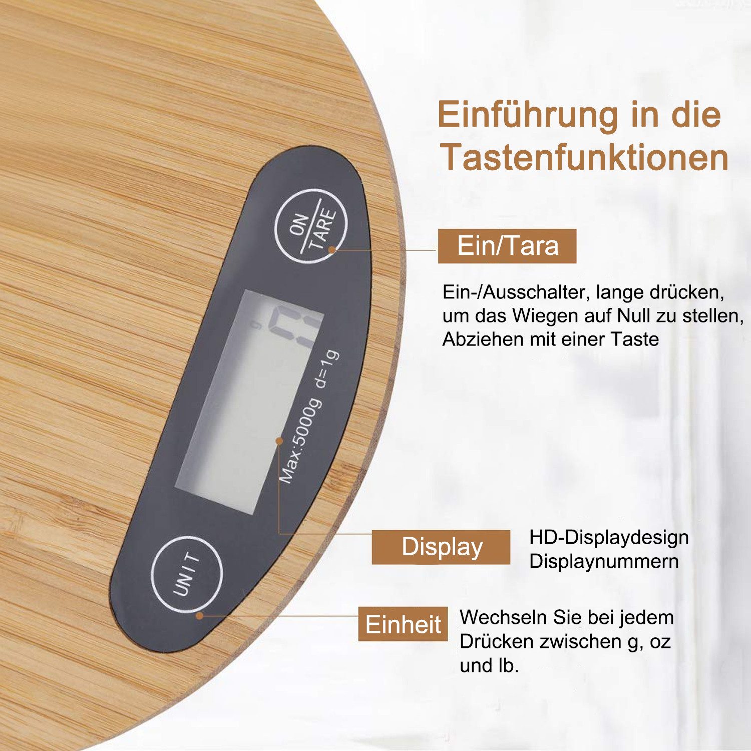 MODFU Küchenwaage Digitalwaage Digital Kaffeewaage Küchenwaagen Lebensmittelwaage 5 KG, (Backen Kochen Kaffee Waage Bambus Wiegefläche LCD-Display 2x Batterien, 1-tlg., Espressowaage mit Sensorberührung Tara Funktion hohe Präzision bis 1g), Rund 20cm Haushaltswaage Briefwaage Küchen Lebensmittel Cafés Kaffee