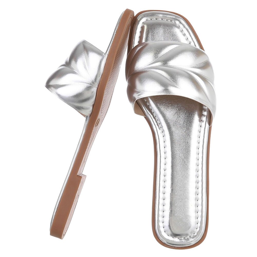 Ital-Design Damen Slipper mit gepolsterter Riemen-Optik Pantolette (91895748) Blockabsatz Pantoletten in Silber