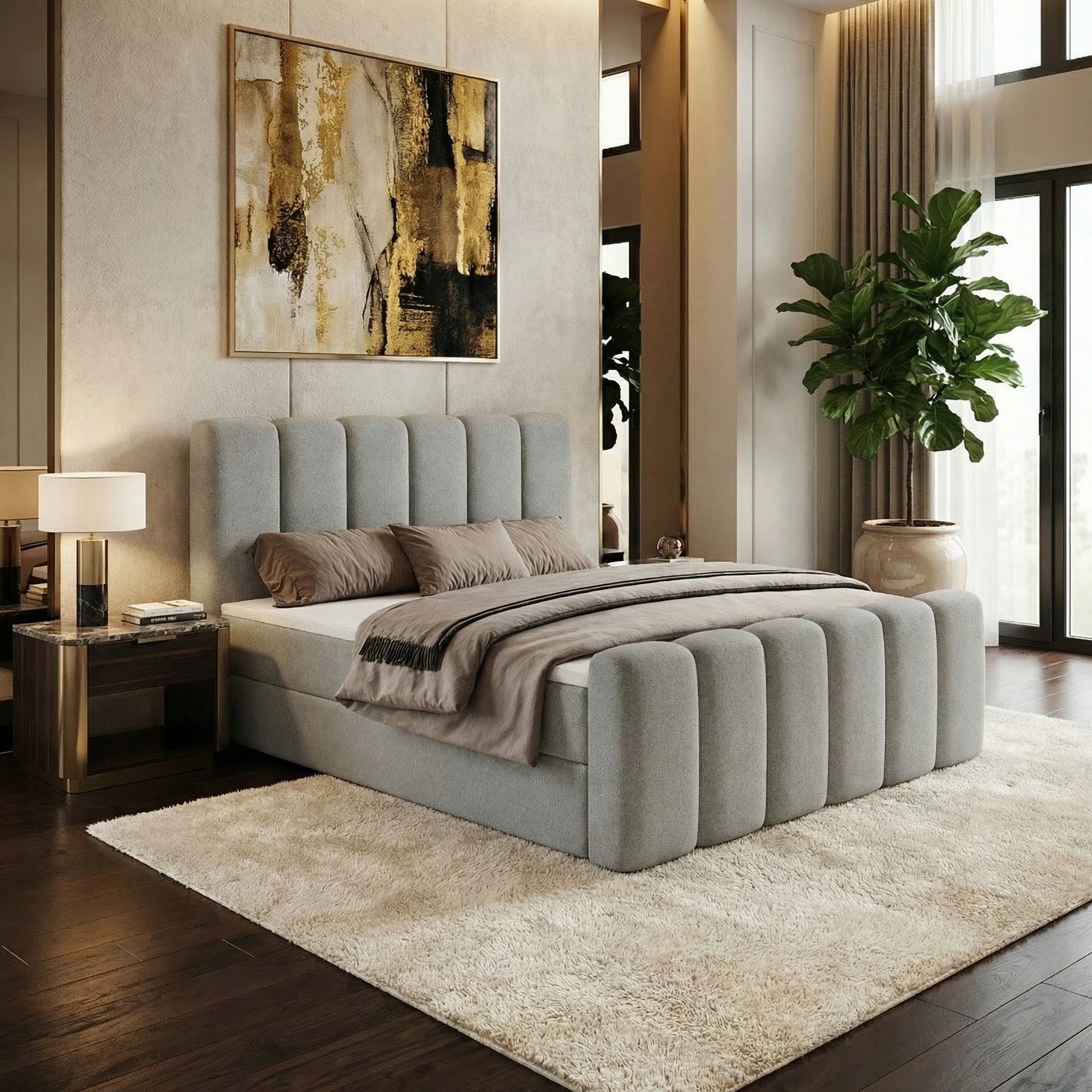 Parllo Boxspringbett Stoff mit Stauraum Topper T25 zwei Bettkästen Federkern gepolstert (Kontinentalbett in vielen Farben, 1-St., 140x200 160x200 180x200 200x200cm), Doppelbett gepolstertes Kopfteil Bettkasten