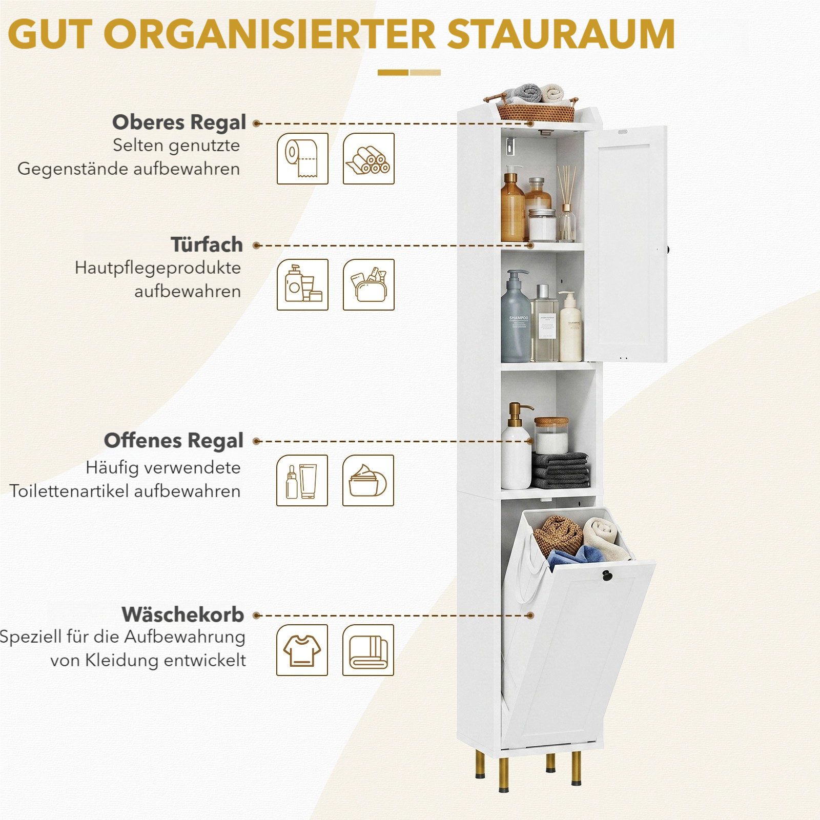 TLGREEN Badkommode Badezimmerschrank mit Wäschekorb, (37 L Wäschebeutel, Standschrank mit 4 Aufbewahrungszonen, 1 St), verstellbare Böden, 25 kg Tragkraft, Kipp – Bild 4 von 5