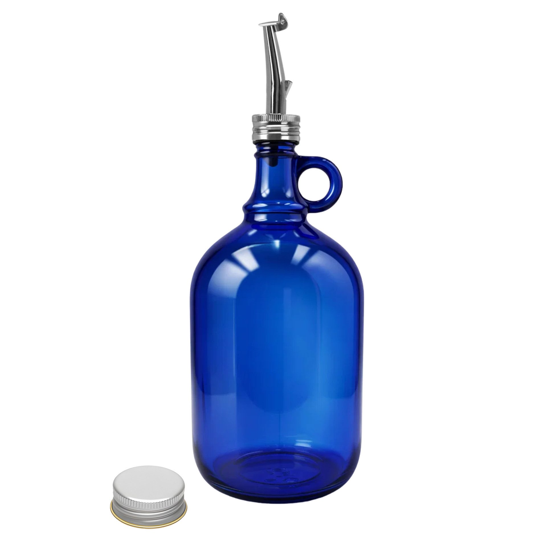 Trinkflasche Henkelflasche 2 Liter blau mit Edelstahlausgießer blaue Glasflasche
