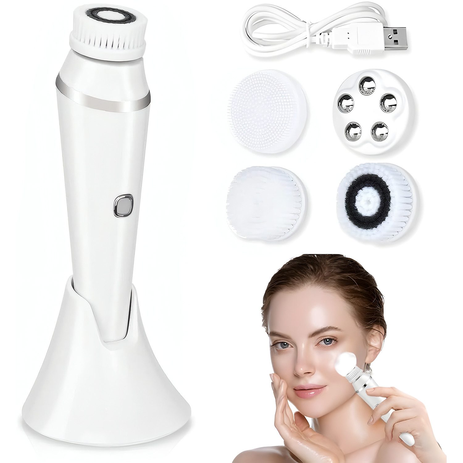 AIMAX Gesichtsreinigungsbürste 4 in 1 Elektrische Gesichtsbürste Wasserdichte, mit 4 Bürstenköpfen 3 Geschwindigkeiten Gesichtsreinigungsbürste, für Tiefenreinigung, Peeling und Gesichtsmassage