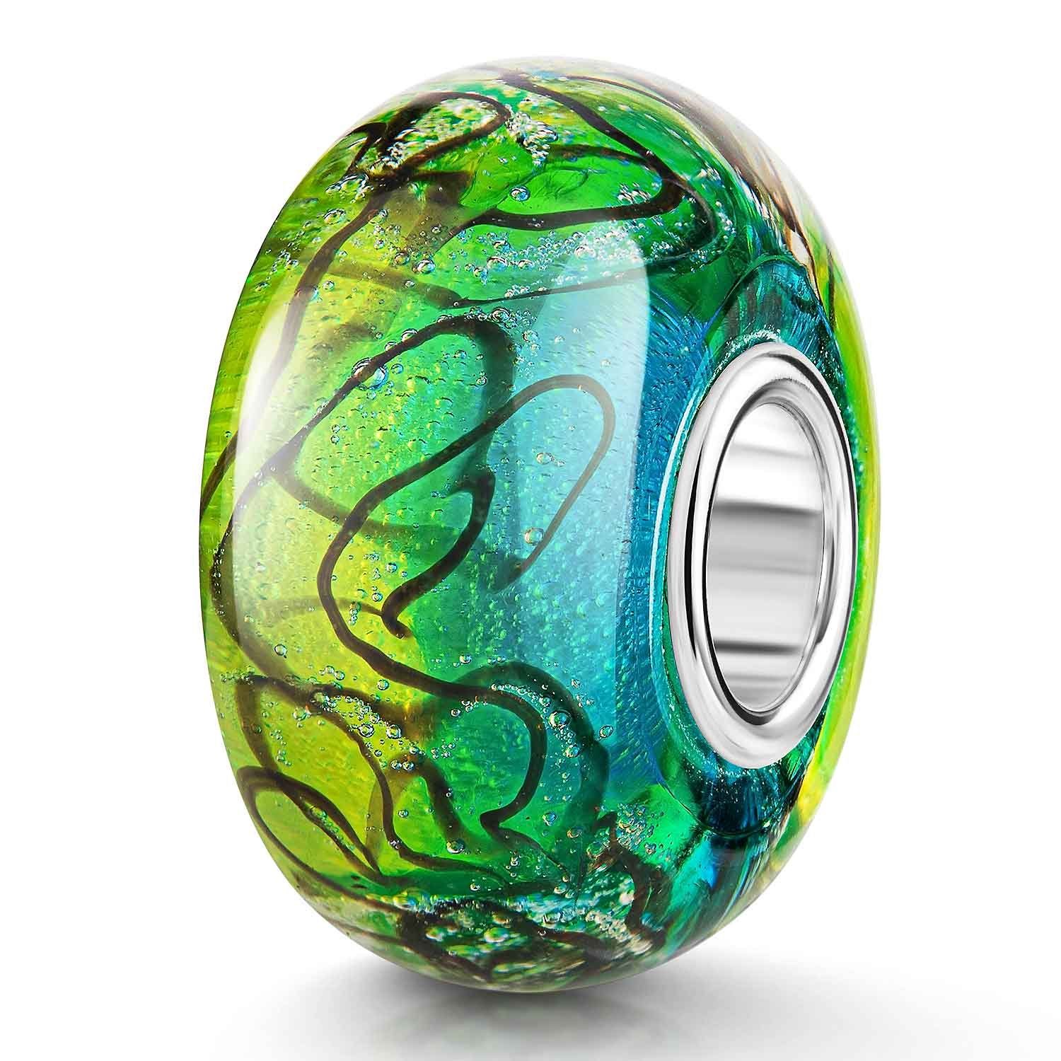 Materia Bead Glas Charm mit Linie Gelb Blau Grün 1021, Hülse aus 925 Sterling Silber