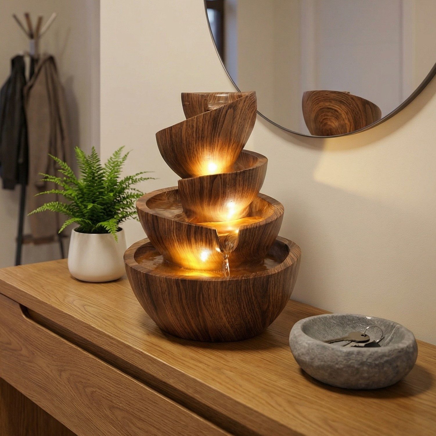 Arnusa Zimmerbrunnen Springbrunnen mit LED Beleuchtung Gartenbrunnen stilvoll Dekoration, Wohnzimmerdeko Wasserspiel LED warmweiß – Bild 2 von 5