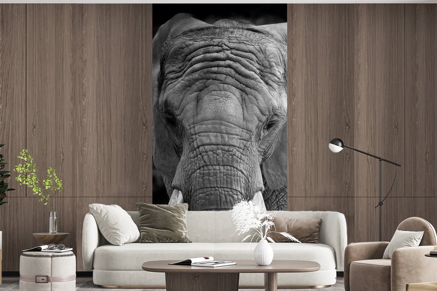 Schlafzimmer eines Elefanten MuchoWow Küche, Fototapete Porträt St), bedruckt, Weiß, Matt, und in Schwarz Wohnzimmer für (2 Fototapete Vliestapete