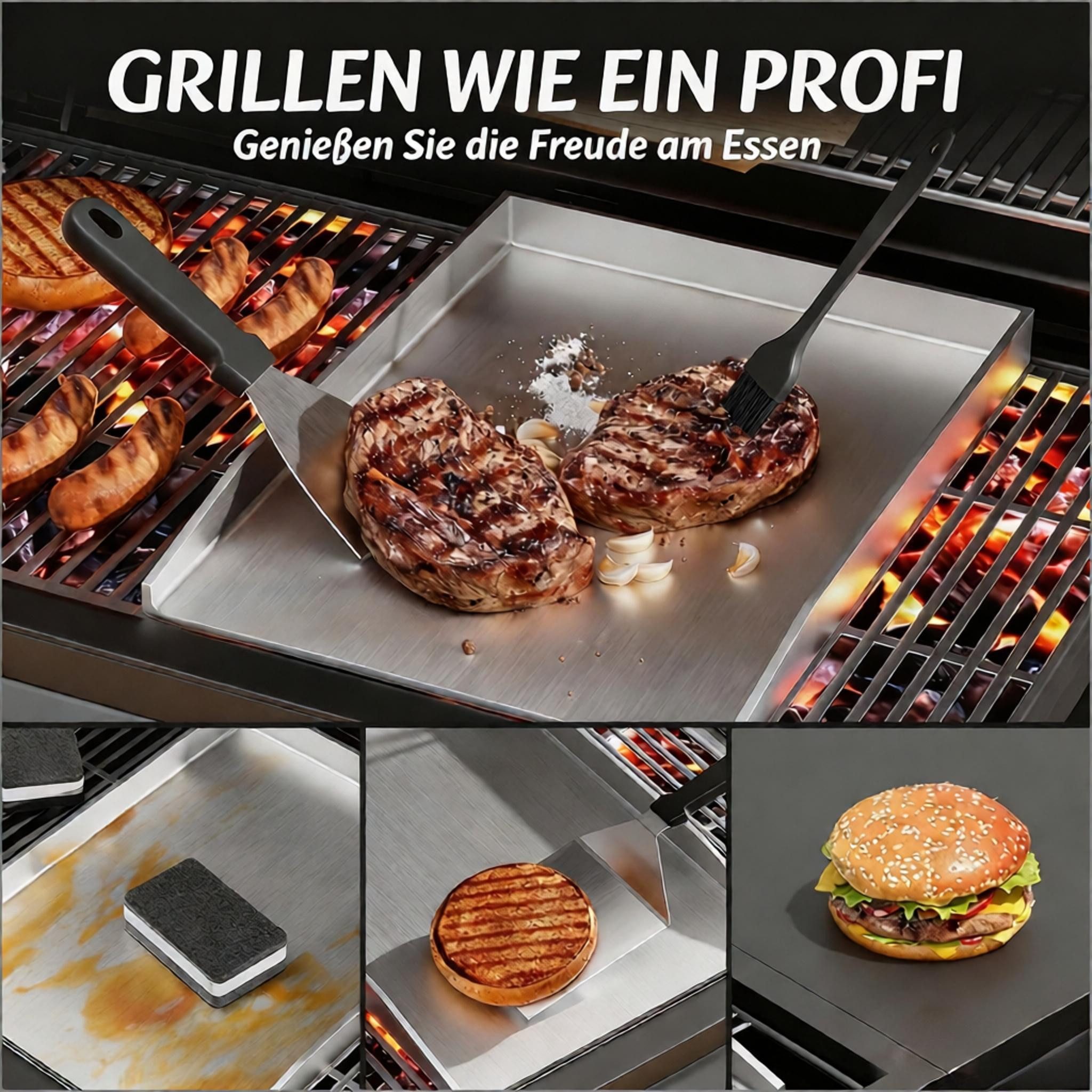 devesanter Grillplatte Edelstahl Grillplatte Set Universal BBQ Plancher Gasgrill Grill (1-St., mit Grillwerkzeugen und Reinigungsschwämme), für gleichmäßige Hit – Bild 5 von 5