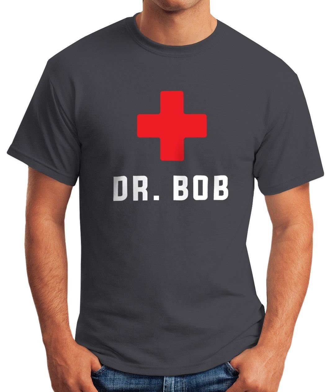 mit grau Notarzt Fun-Shirt Herren Bob MoonWorks Print-Shirt Dschungel Arzt Print T-Shirt Dr Moonworks®