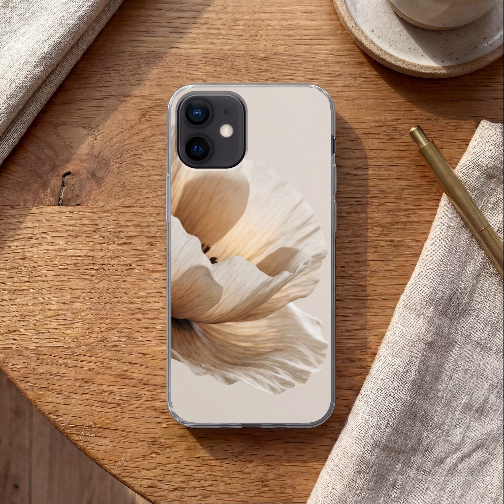 MuchoWow Handyhülle für Apple iPhone 12 Blume - Beige - Creme, Smartphone-Bumper, Print, Handy Schutzhülle Dünn