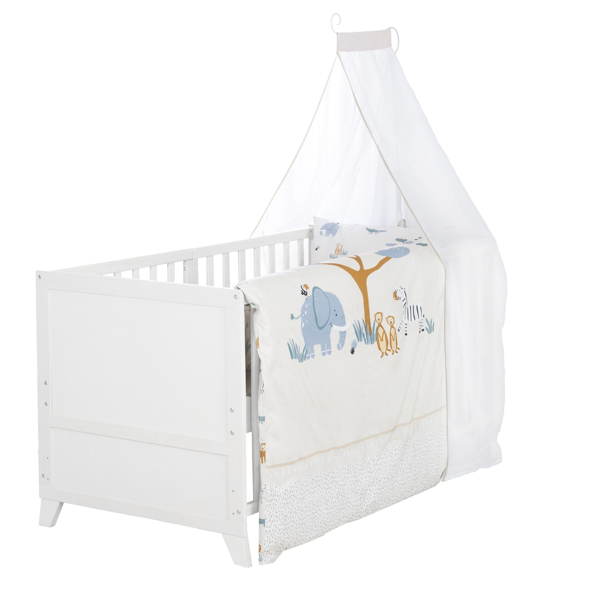 roba® Komplettbett Savanna Friends oder Woodland Buddies 70x140 cm - niedliche Designs, mit Bettwäsche, Himmel & Matratze - Mitwachsendes Babybett - Naturgrau – Bild 2 von 5