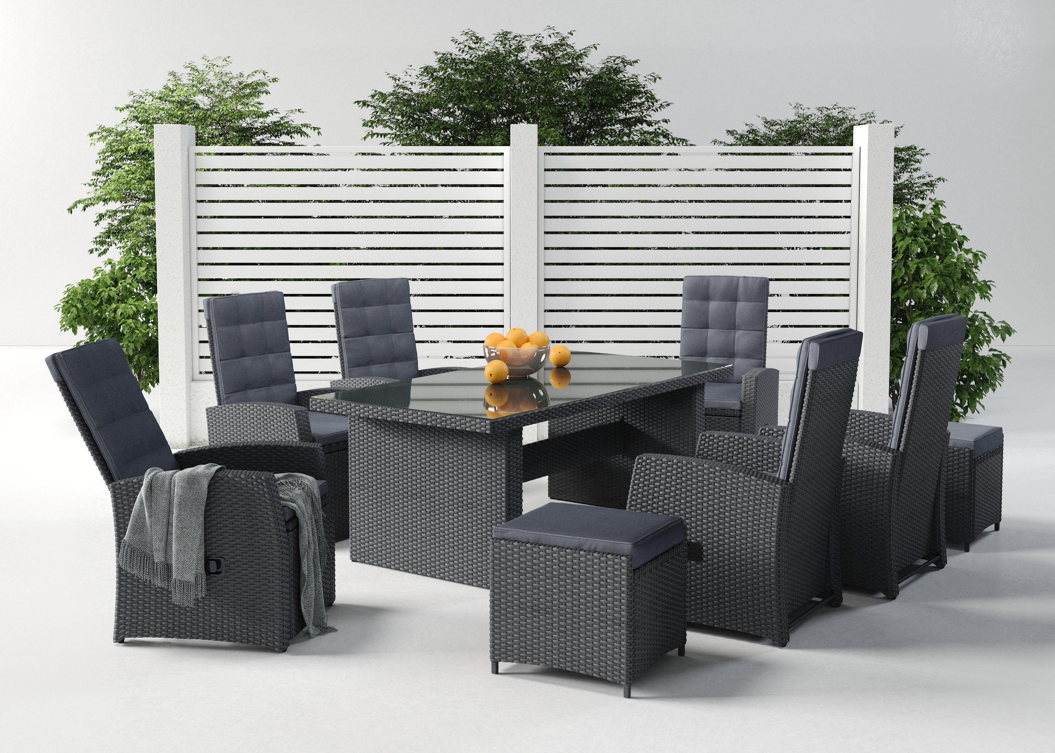 KONIFERA Garten-Essgruppe Paris, (Set, 17-tlg., 2x Fußhocker,inkl. Auflagen,Tischplatte aus Sicherheitsglas,Aluminium), Tisch: 200x100x75 cm, verstellbare Rückenlehne, inkl. Schutzhülle