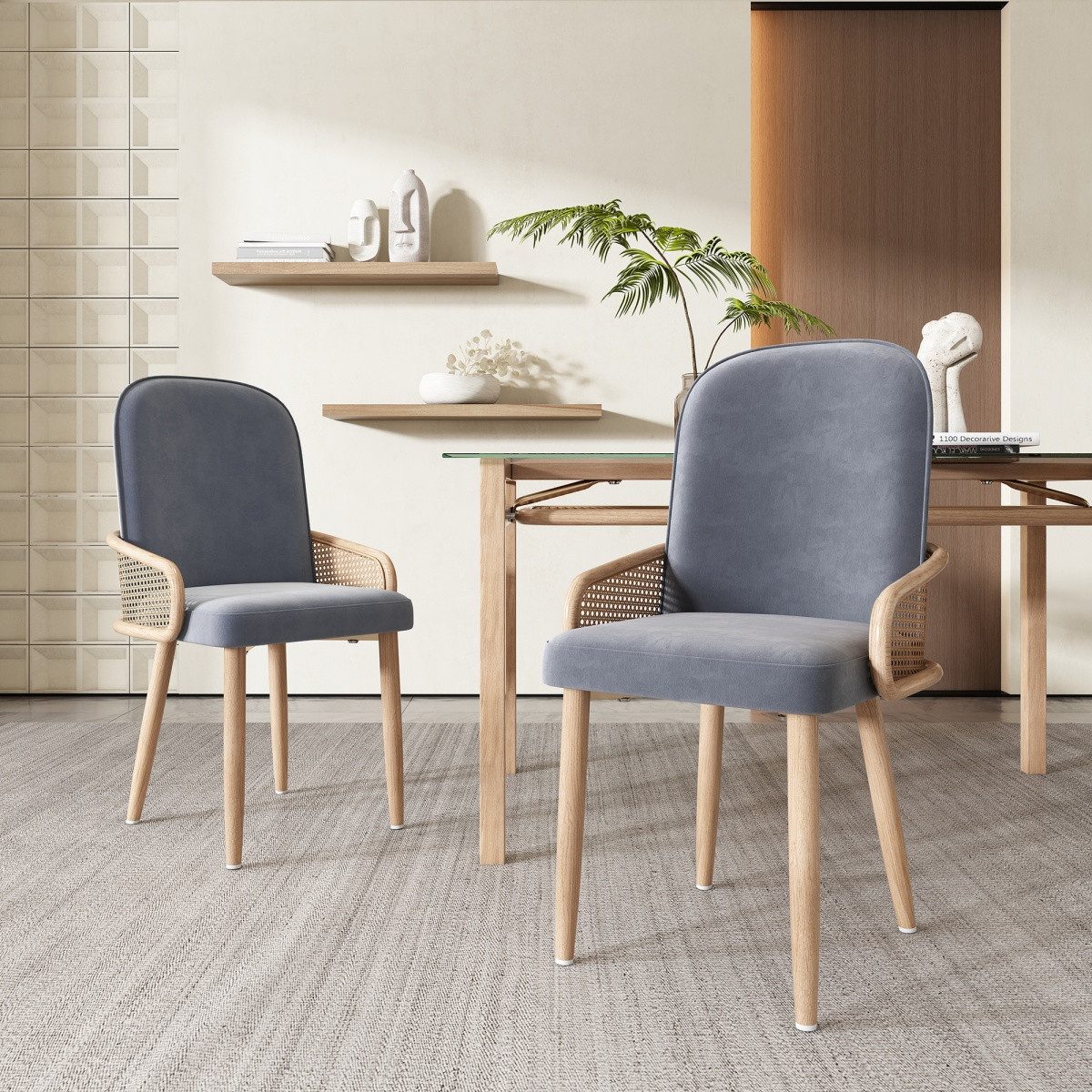 IDEASY Esszimmerstuhl Rustikaler Esszimmerstuhl, Samt Polsterstühle, Rattan Design (2 St), 2/4/6 St. Metallbeine mit Holzmaserungsfurnier, 150 kg belastbar