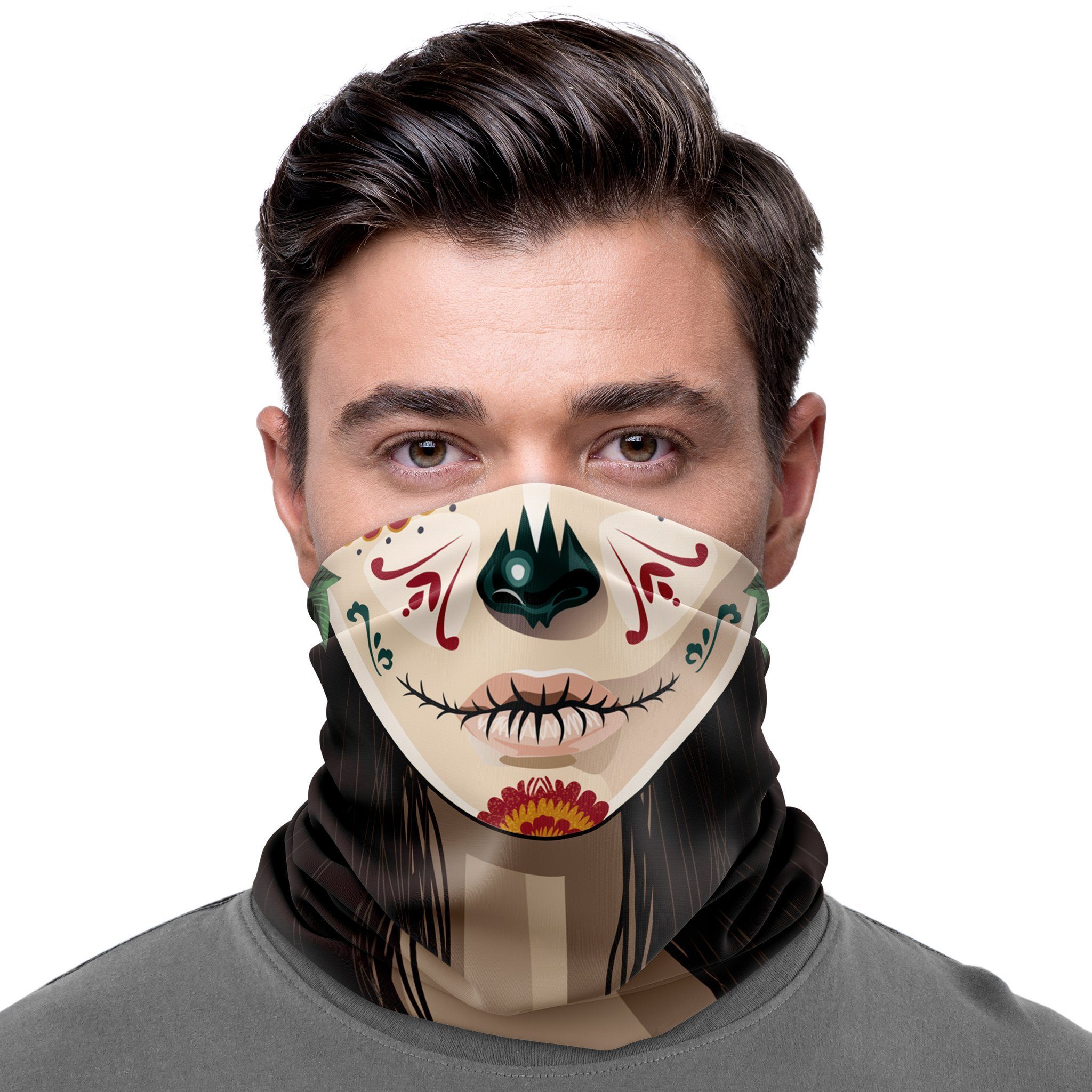 Maskworld Verkleidungsmaske Schlauchschal Catrina, Elastisches Halstuch mit witzigem Aufdruck