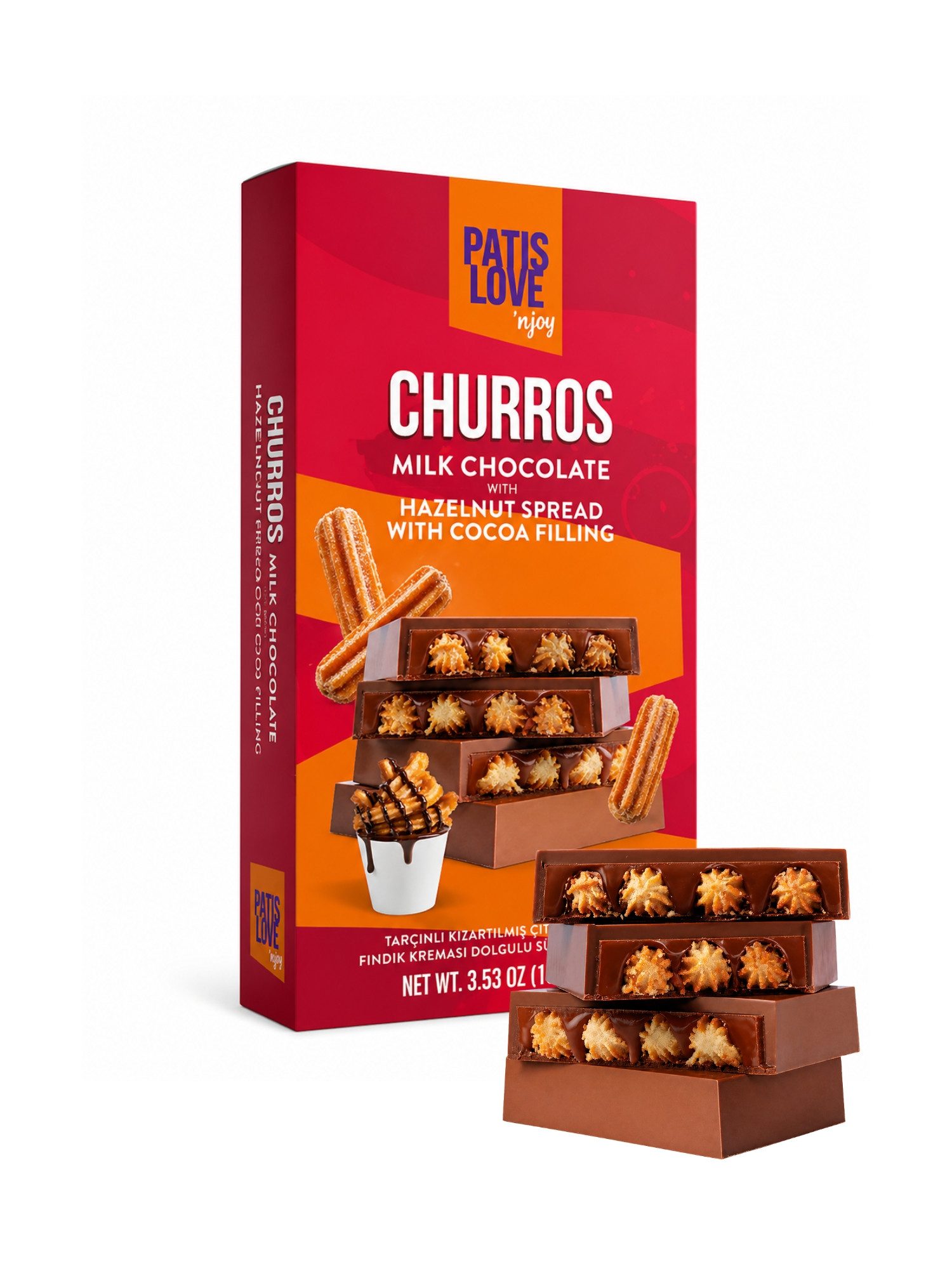 PATISLOVE Schokolade Churros Vollmilchschokolade mit Haselnusscreme 100g, ohne Konservierungsstoffe, ohne Farbstoffe, mit Haselnusscreme