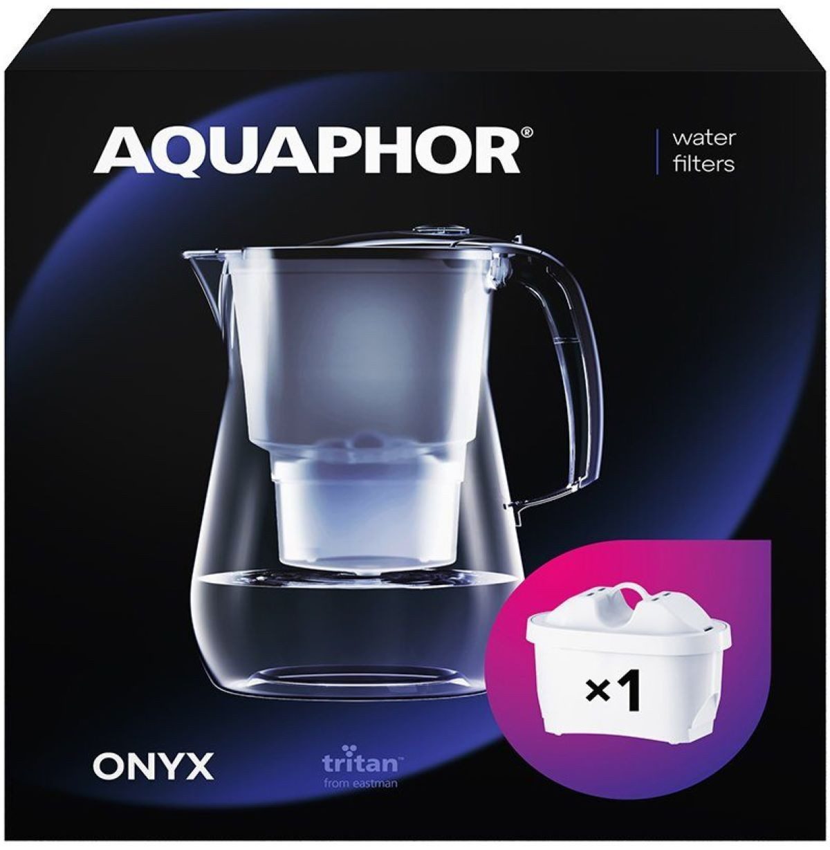 AQUAPHOR Wasserfilter ONYX schwarz - Premium-Wasserfilter in Glasoptik, Zubehör für Filterkartuschen MAXFOR+, MAXFOR+H hartes Wasser & MAXFOR+ Mg. Magnesium, Reduziert Kalk, Chlor & weiteren Stoffen. BPA frei