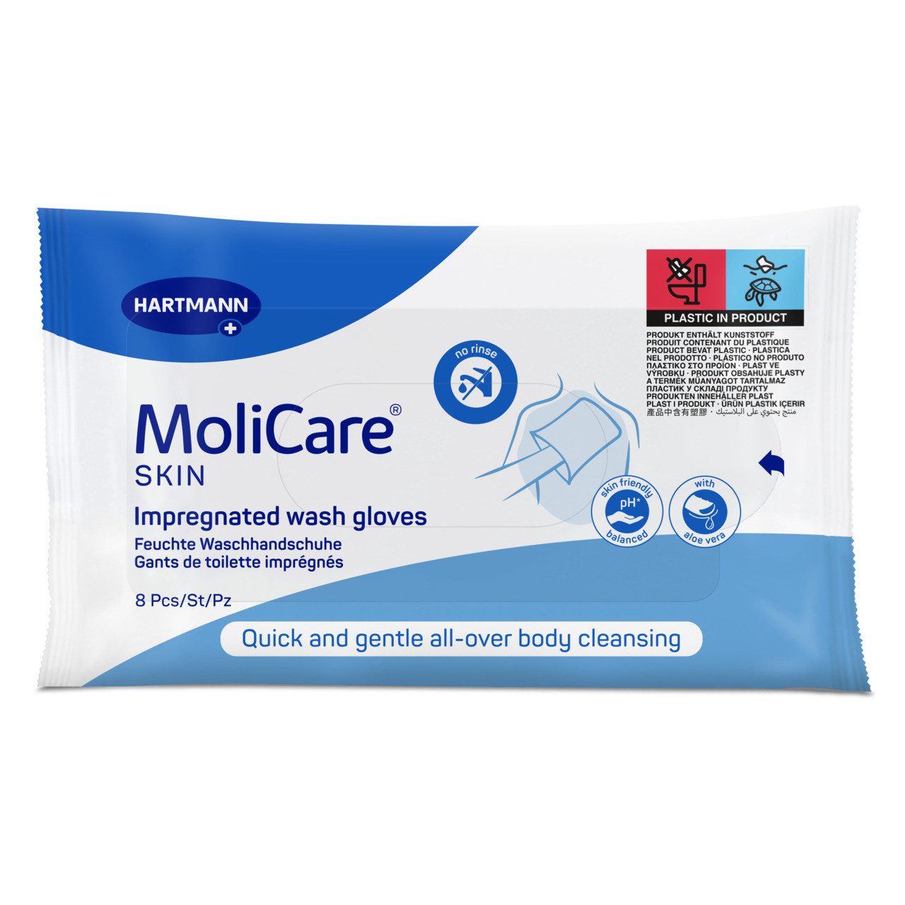 DocMed Einmal-Waschhandschuh MoliCare Skin feuchte Waschhandschuhe (8 Stck) (Hygienische Einmalverwendung 8-St. Hautneutraler pH-Wert), Besonders weiches Vliesmaterial für angenehme Anwendung