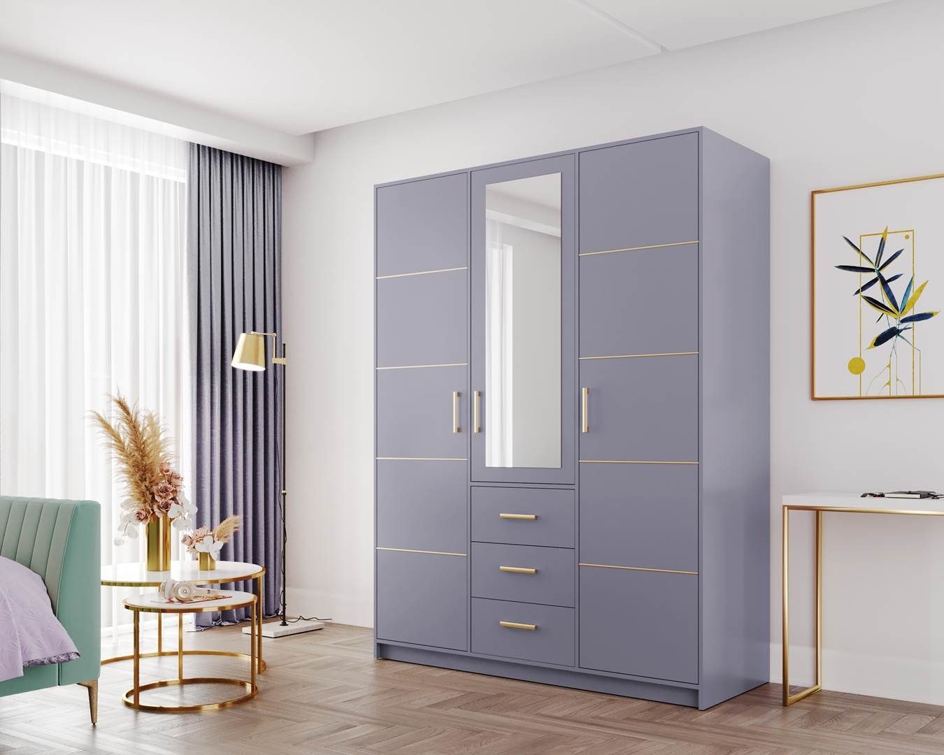 Beautysofa Kleiderschrank Kleiderschrank mit Spiegel BALID D3, Schrank 150 cm breite, Garderobenschrank mit 3 Schubladen blau