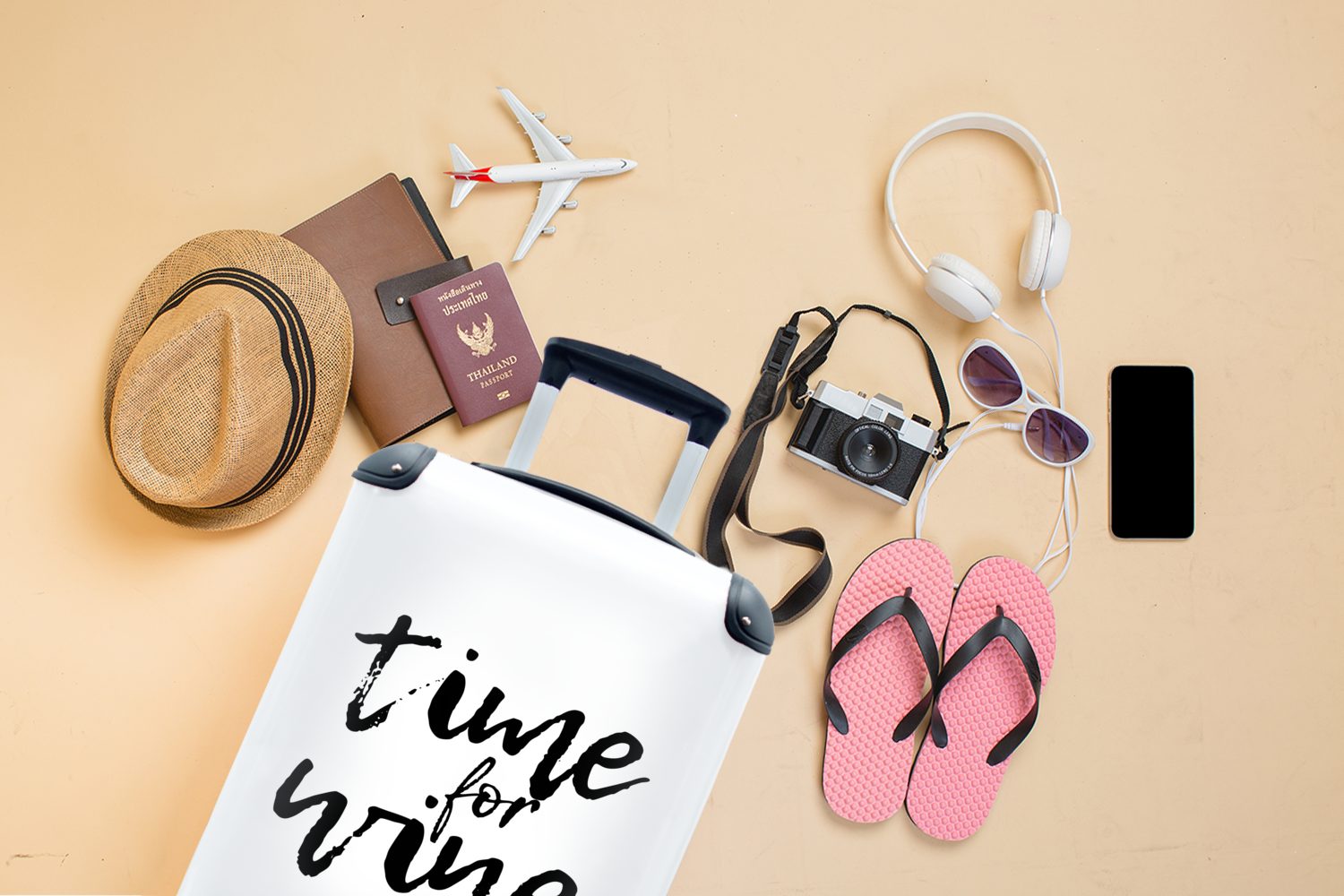 Handgepäck Hintergrund, für MuchoWow Rollen, Reisekoffer Reisetasche für Ferien, mit weißen auf 4 einem Wein" "Zeit Handgepäckkoffer Trolley, Zitat rollen, Wein