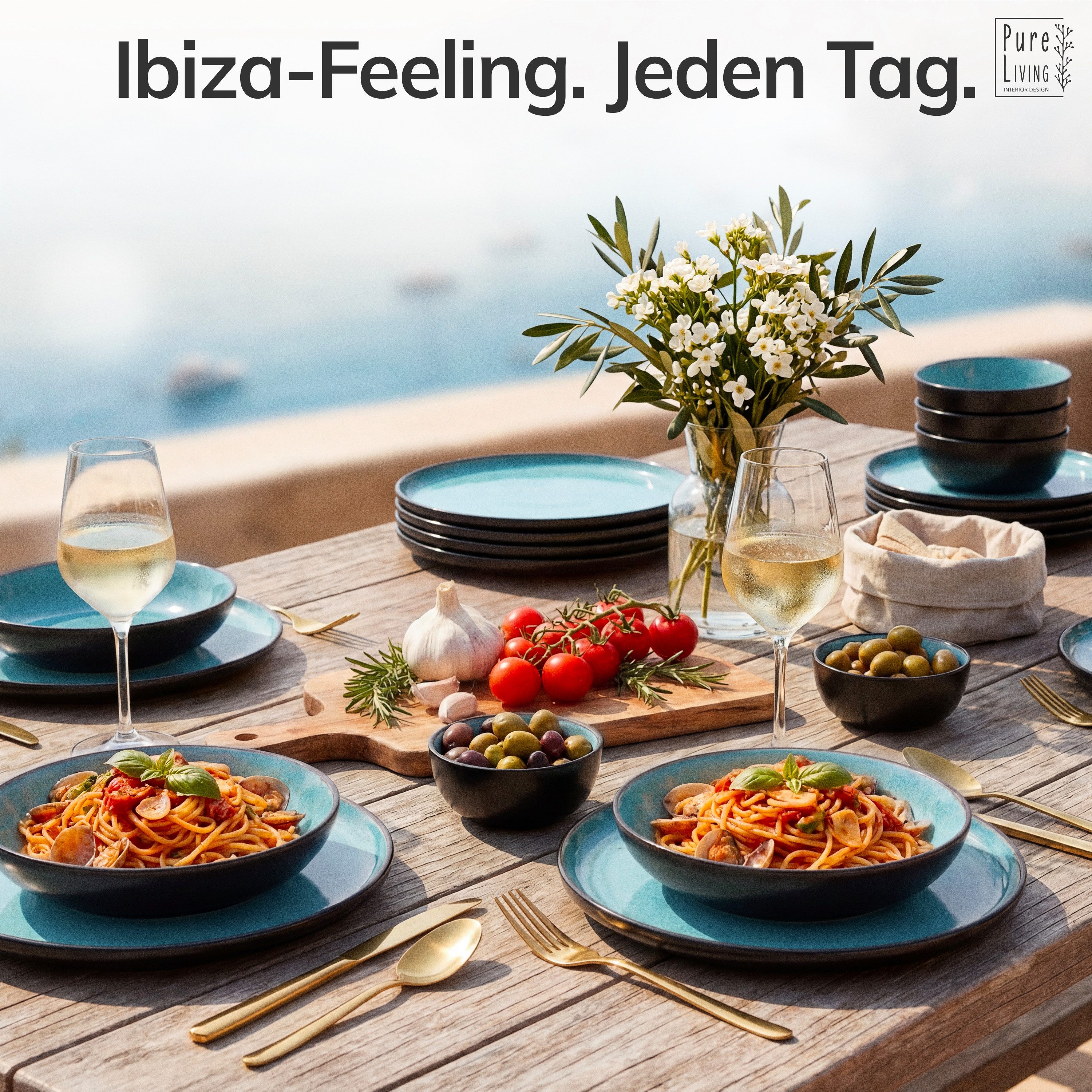 PURE LIVING INTERIOR DESIGN Geschirr-Set Pure Living Servierplatte »Ibiza«, oval, Steingut, Aquamarin, 1 Personen, Steingut, Ovale Form – perfekt zum Anrichten, Elegantes Servierdesign, Reaktive…