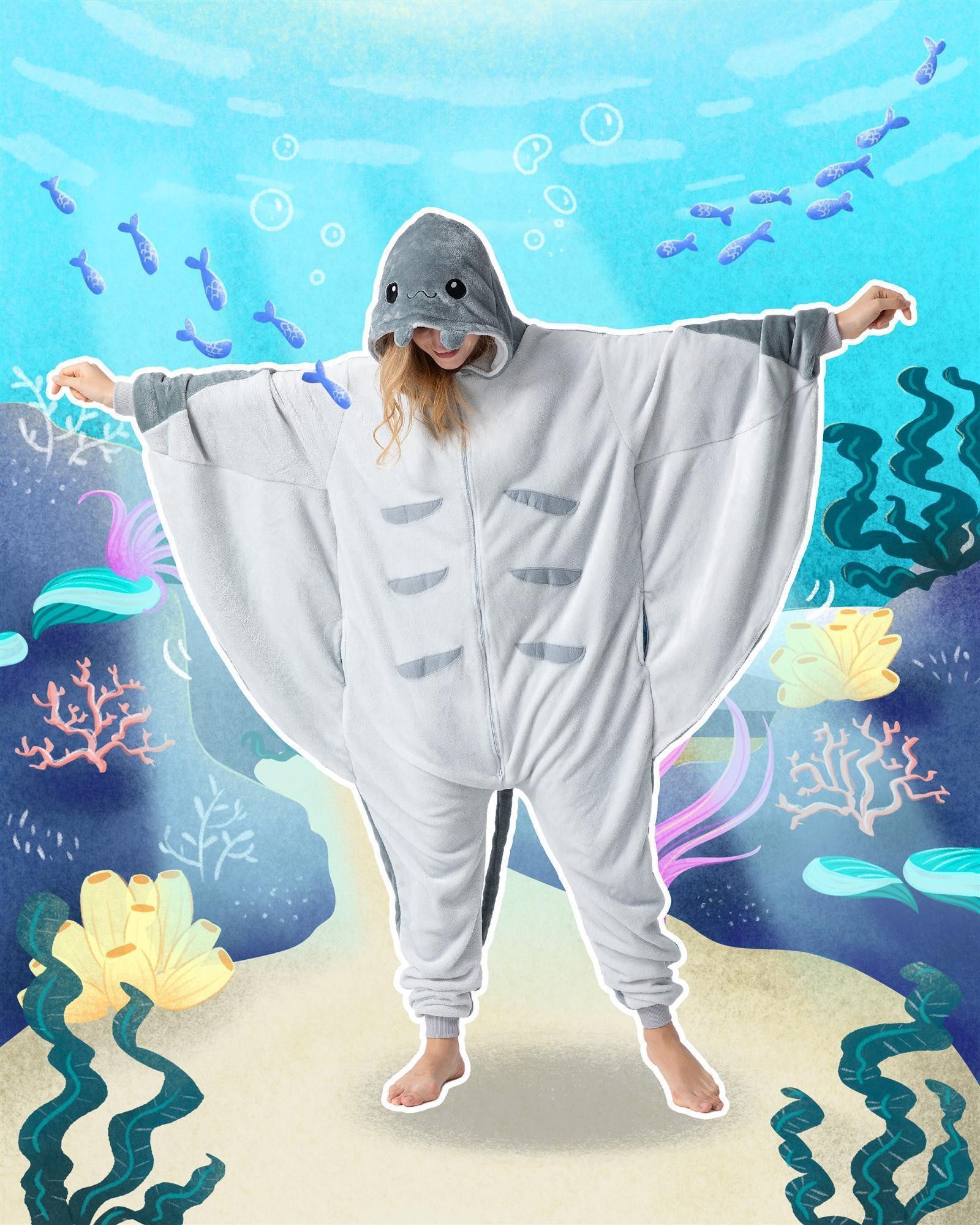 Corimori Partyanzug Flauschiges Manta Rochen-Kostüm für Erwachsene,  Kostüm Onesie, Jumpsuit, Pyjama, Fasching, Kigurumi, Tiere, Manta Rochen "Graham"
