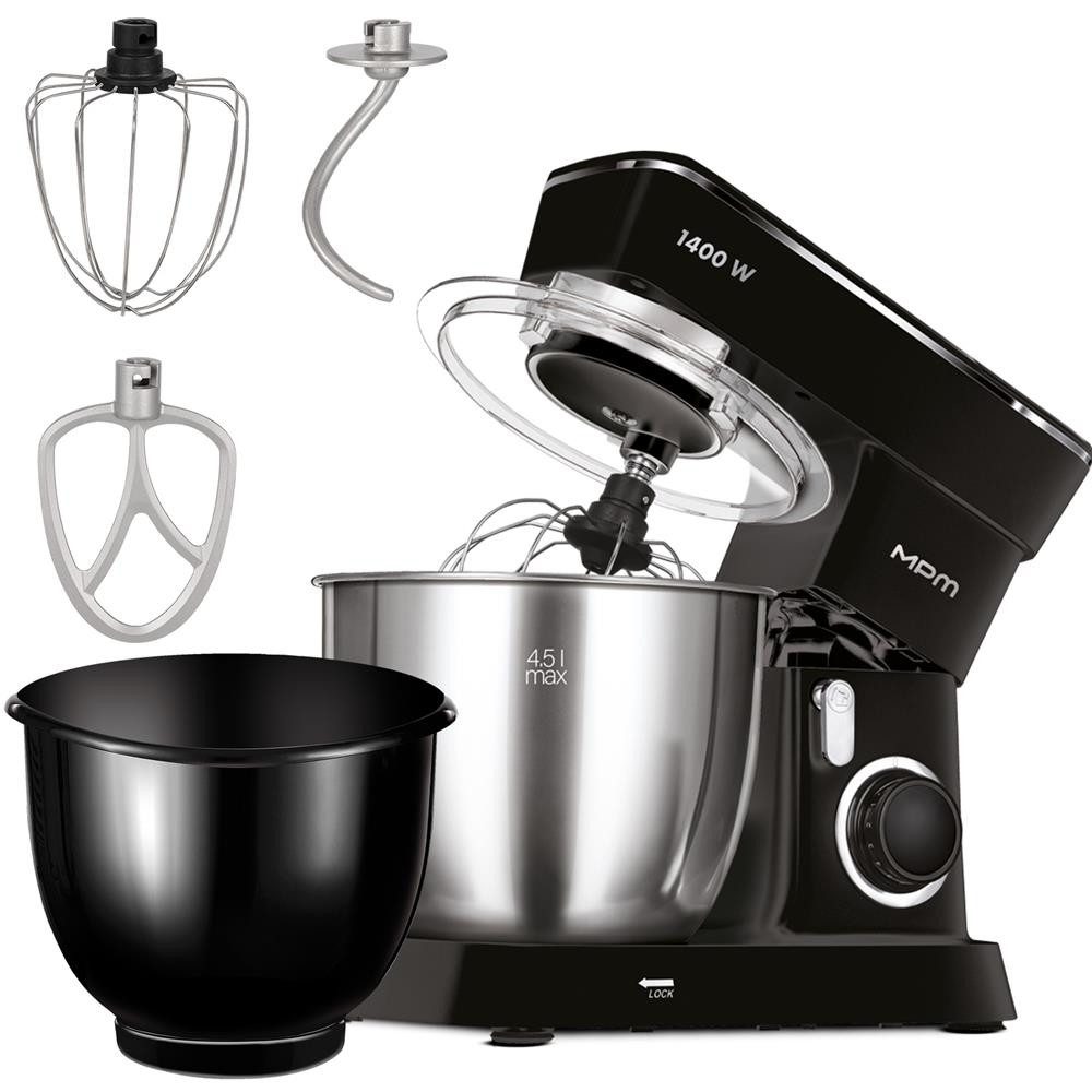 MPM Stabmixer MPM MRK-25 Küchenmaschine mit 2 Schüsseln 1400 W Schwarz, 10 Geschwindigkeitsstufen, 3 Rührelemente, Metallgehäuse