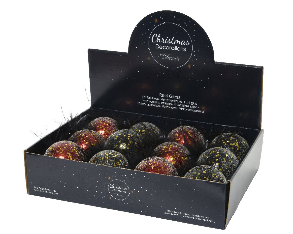 Christbaumschmuck, Weihnachtskugeln / Decoris Glas mit decorations 8cm schwarz / season Set Federn 12er Sterne rot