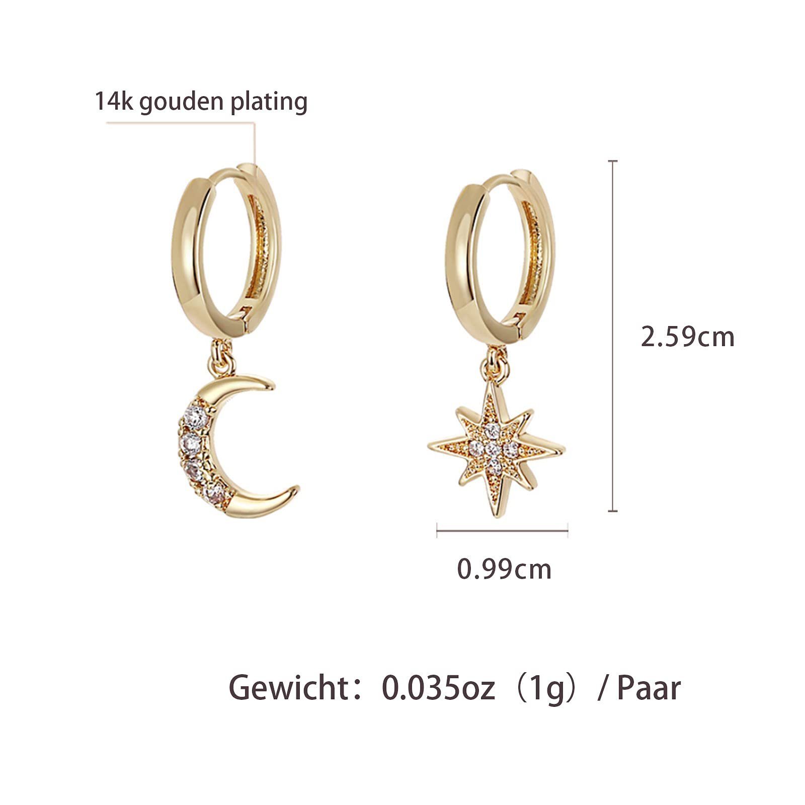 POCHUMIDUU Ohrring-Set Ohrringe, Kristall Reifen Ohrringe Männer perforierte Asymmetrische Mond kleine Ohrringe Stern Personalisierte Gold