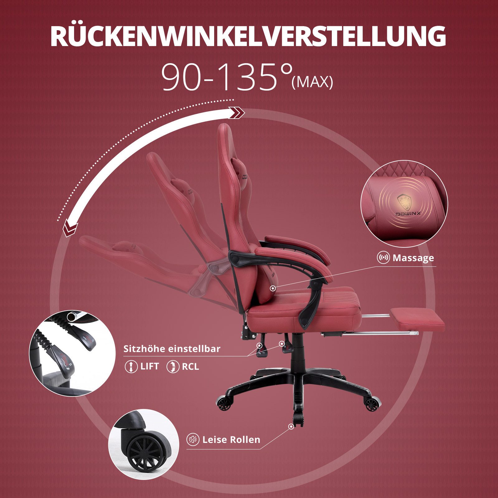 Dowinx Gaming-Stuhl mit Frühling Kissen,Racing Gamer Stuhl mit Massage Lendenwirbelstütze (Packung), Ergonomischer Gaming Sessel mit Fußstütze Bürostuhl PU Leder