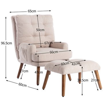 IDEASY Gartensessel Sessel-Loungesessel mit Fußstütze, verstellbarer Rückenlehne, (Loungesessel mit Hocker), gepolstert, Holzbeinen, Seitentaschen zur Aufbewahrung