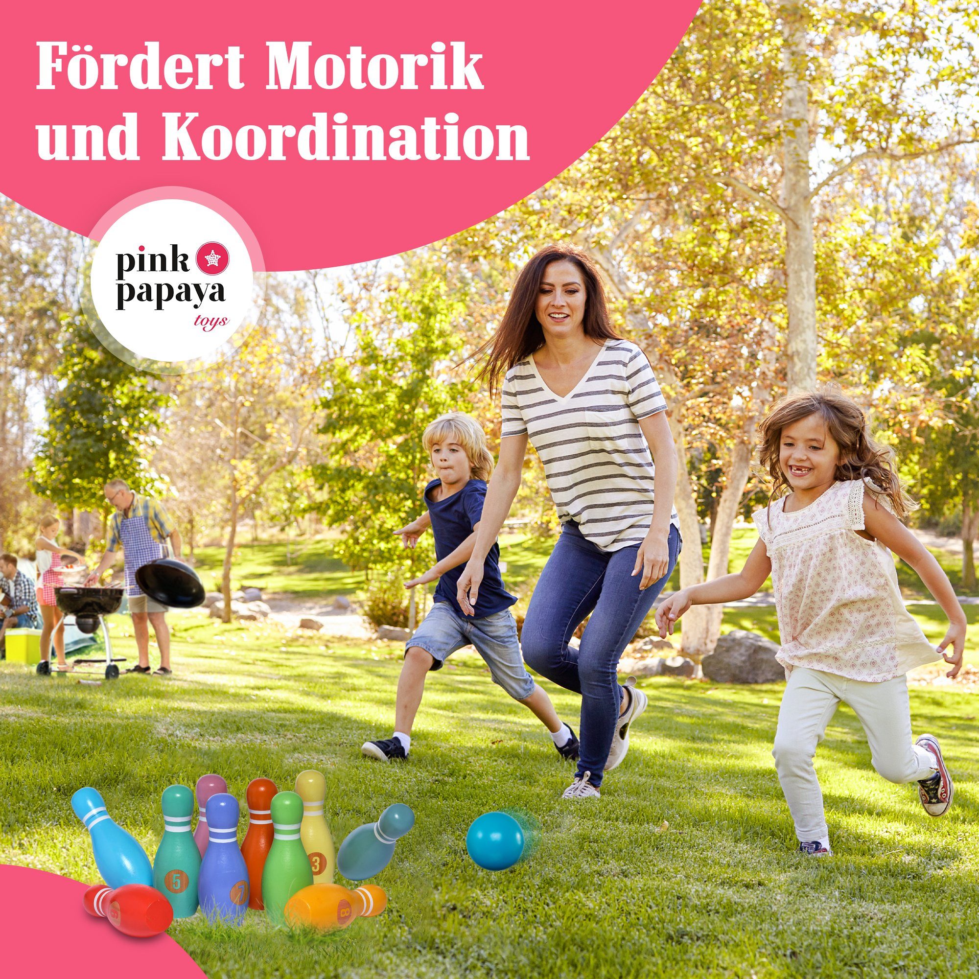 Pink Papaya Spiel Kids Bowling Classic, Familien- und Kinderspiel, 100 % Massivholz, schult Motorik & Koordination