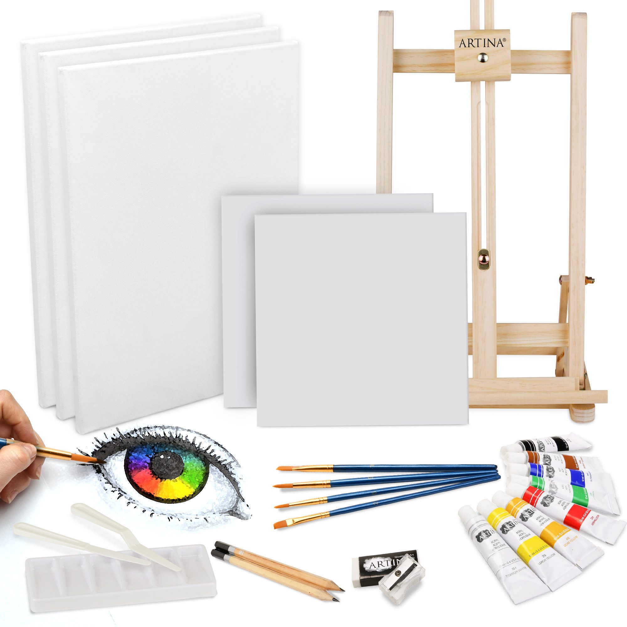 Artina Malpalette 25tlg Premium Malset mit Tischstaffelei Lisbon, 25tlg., 8x12ml Acrylfarben Set, 5x Keilrahmen, Pinsel Malkoffer