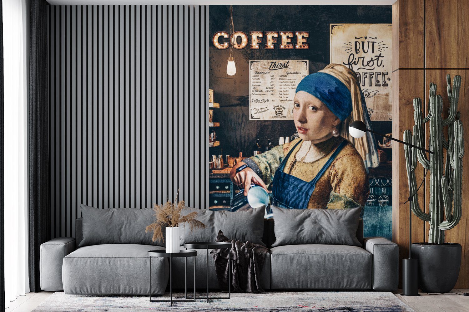 Fototapete MuchoWow Vinyl Perlenohrring Gemälde Vermeer Barista Wohnzimmer, - Matt, bedruckt, (3 Mädchen für Montagefertig - mit -, Tapete Bearbeitetes Wandtapete St), -