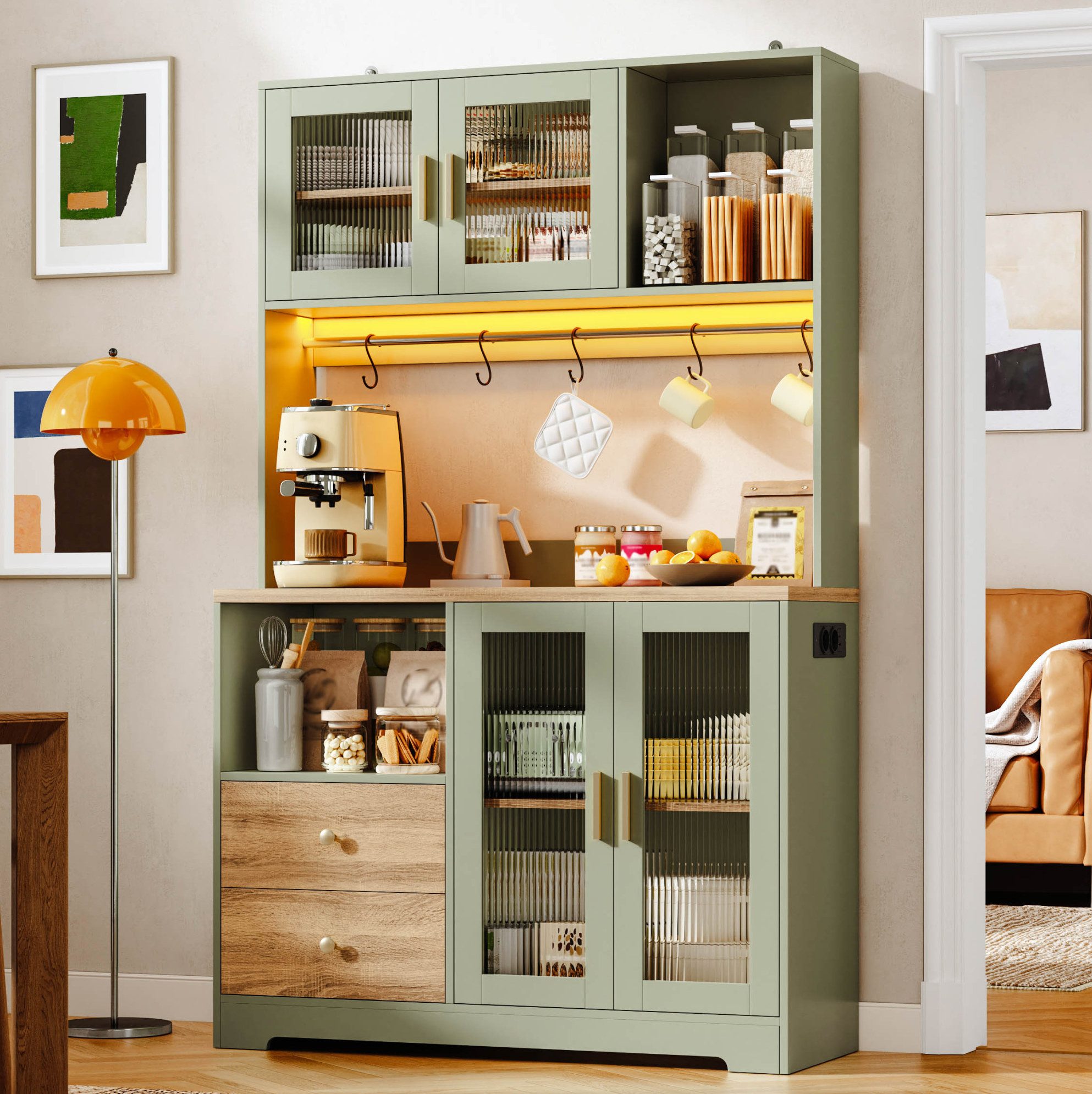 OKWISH Hochschrank Küchenmöbel mit Steckdose und Vitrine mit Glastüren Design (Packung, 1-St., Aufbewahrungsschrank mit Weinregal und praktischen Ablagen) 178 cm Küchenschrank Grün mit LED und Holzoptik Arbeitsplatte