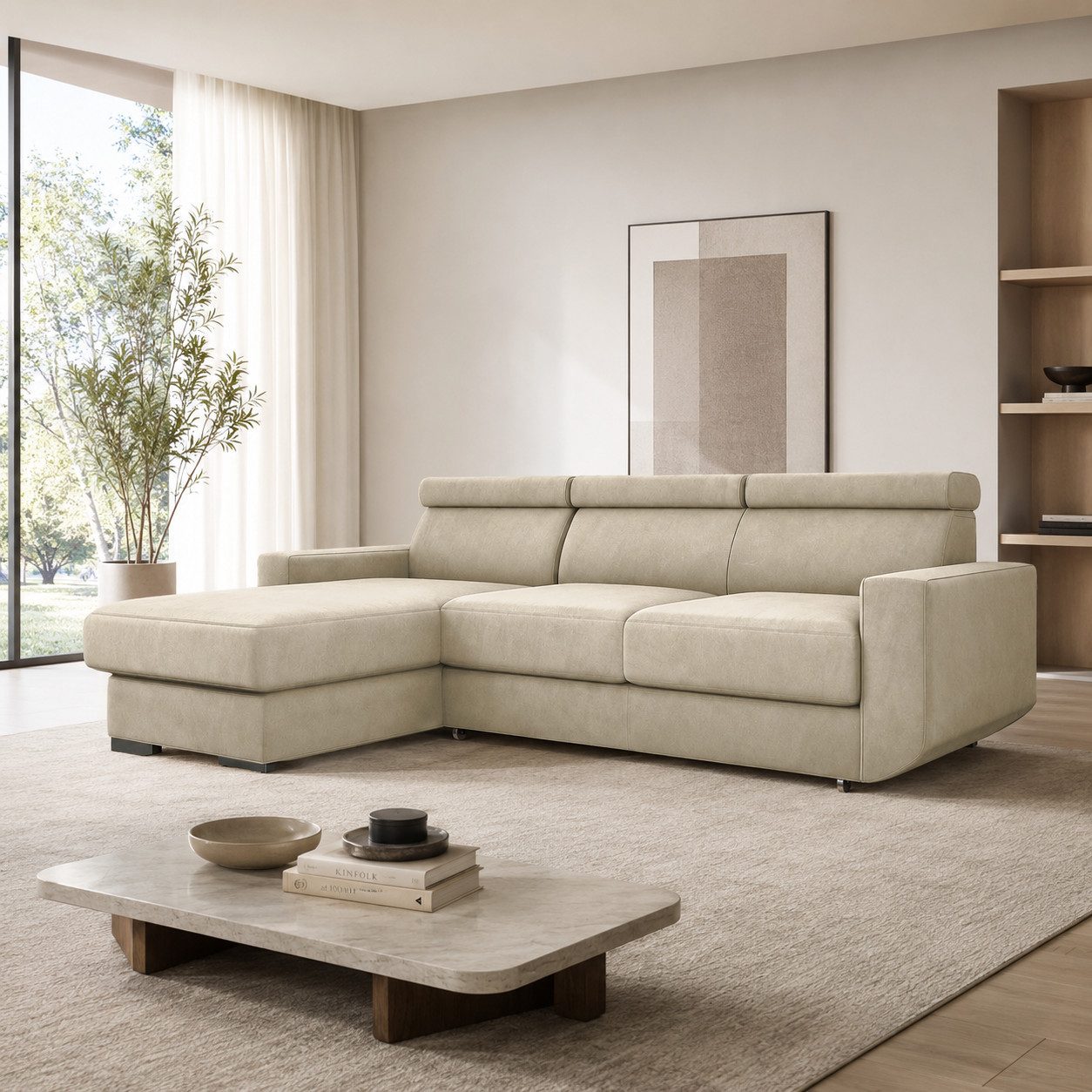 Goldstoff Ecksofa mit Schlaffunktion & Bettkasten "HUGO" verstellbare Kopfstützen, L-Form Couch mit Schlaffunktion und Bettkasten - Sofa, mit Relaxfunktion