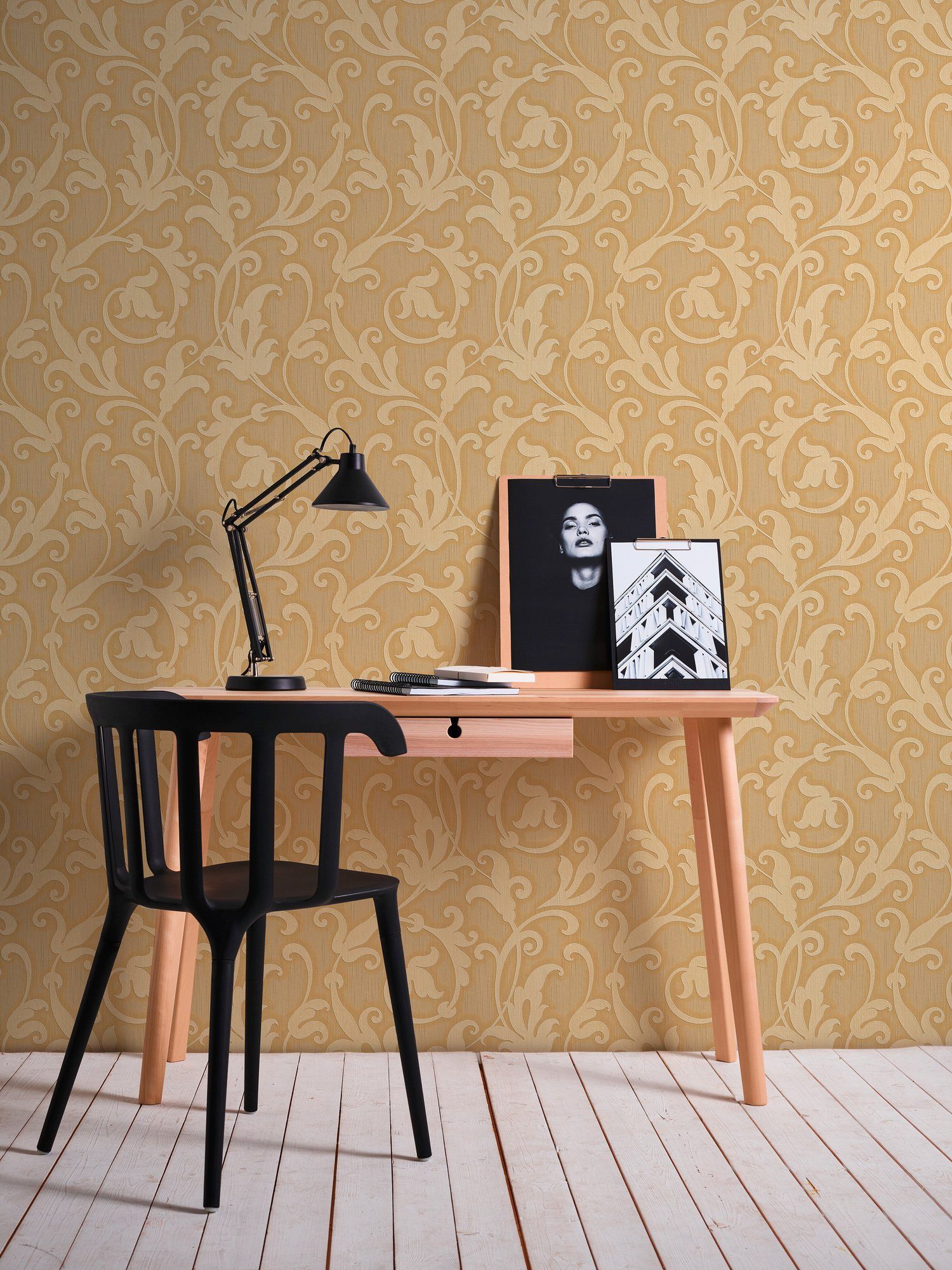 floral, Tapete Barock, Tessuto, Textiltapete samtig, Paper orange/gold/gelb Architects Barock